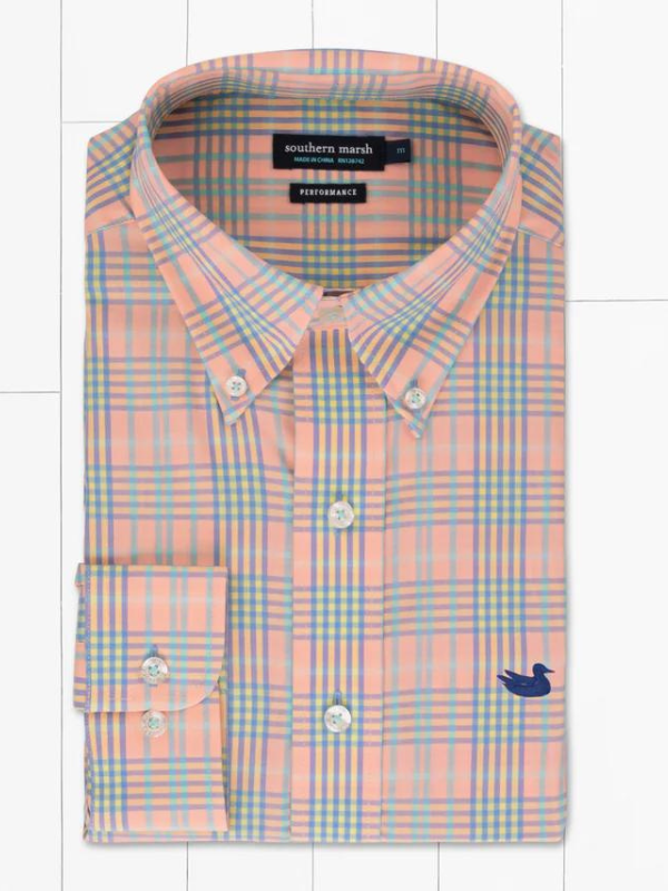 Southern Marsh Caicos Peach & Mint Performance Dress Shirt - Breathable Moisture-Wicking Office & Casual Wear for Men