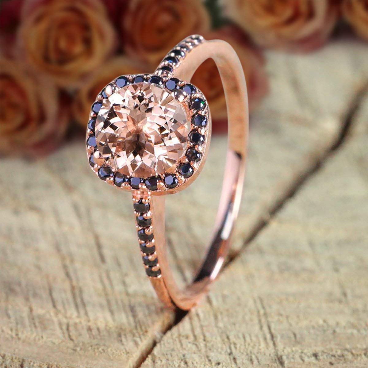 1.25 Carat Round Cut Morganite & Black Diamond Engagement Ring in 18K Gold Plating - Elegant Wedding, Proposal & Anniversary Jewelry Gift for Her