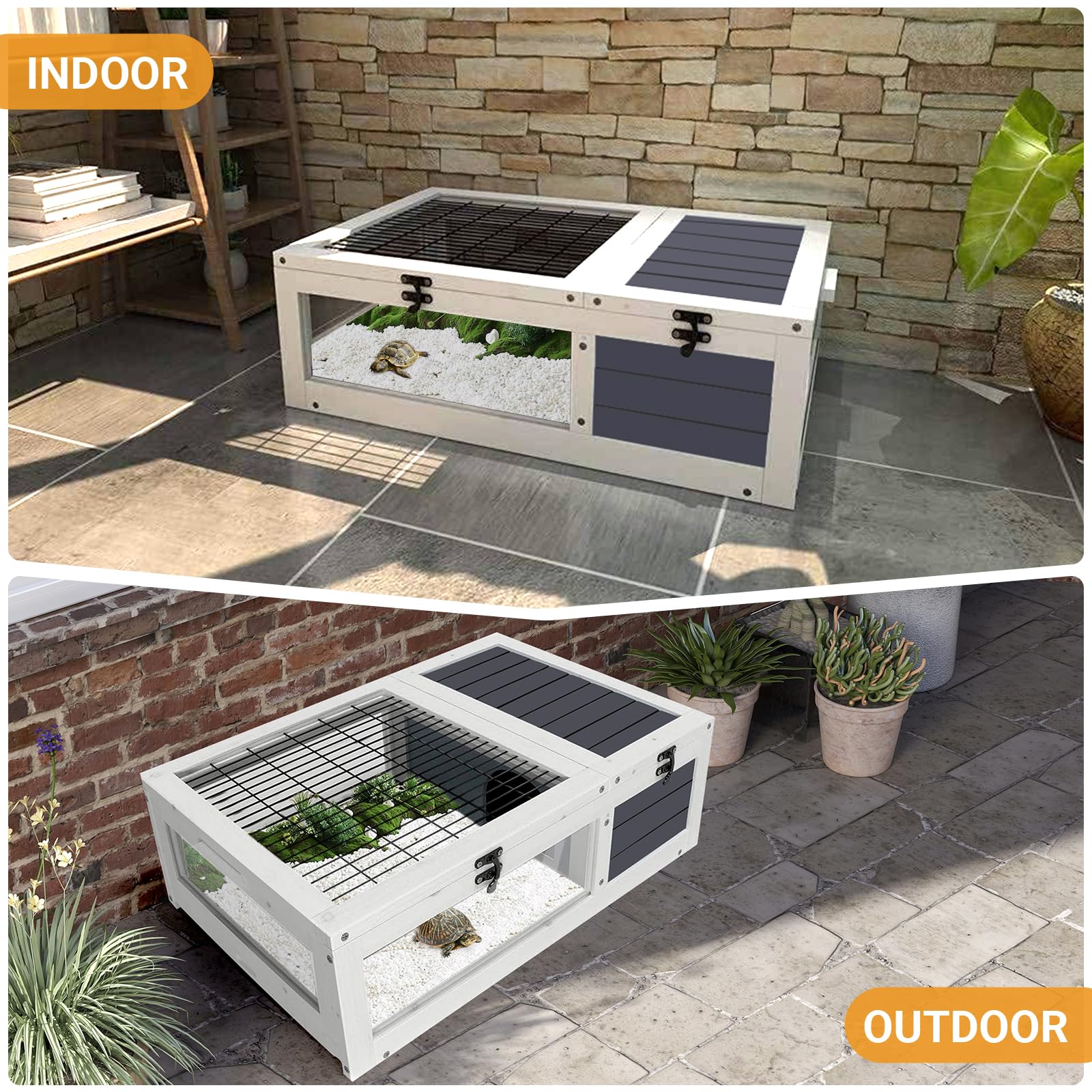 Premium Wooden Tortoise Habitat with 2 Leak-Proof Trays - Large Turtle Enclosure with Openable Lids - Indoor/Outdoor Reptile House for Tortoises, Bearded Dragons & Hamsters - Perfect for Backyard, Patio or Terrarium Setup