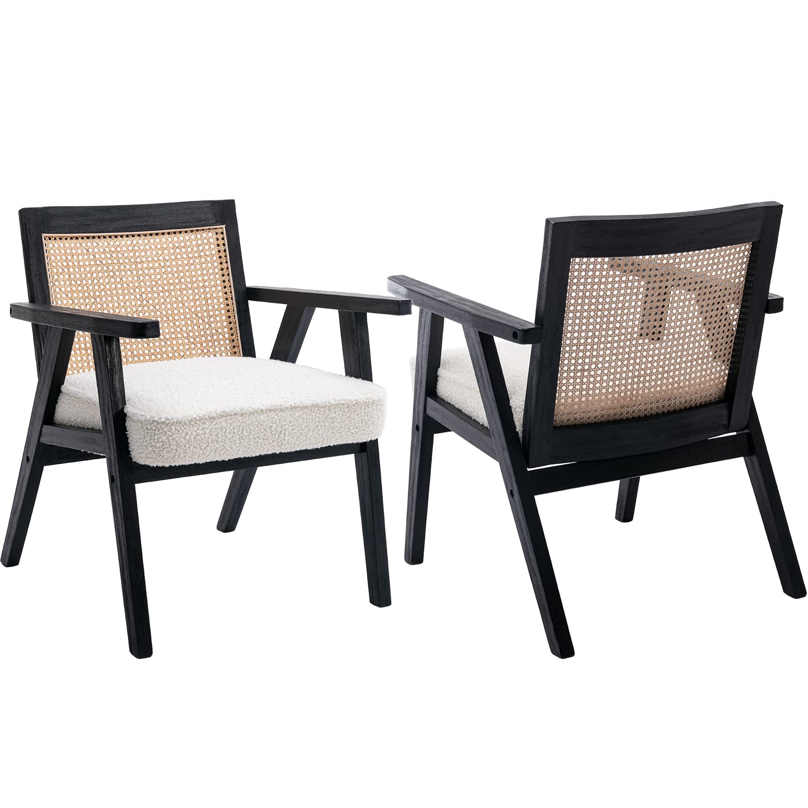 Modern Rattan Arm Chairs Set of 2 - White Woven Accent Chairs with Faux Fur Seat Cushions, Mid-Century Boho Living Room Furniture for Bedroom, Fireplace Lounge, Reading Nook & Cozy Home Decor