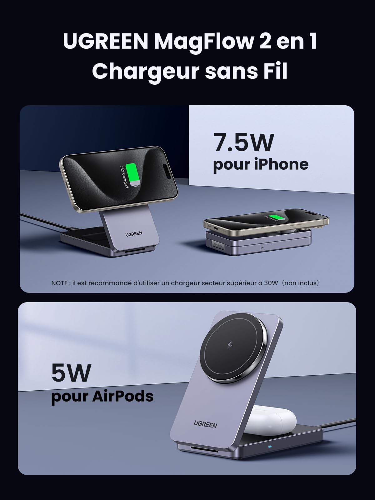 UGREEN MagFlow 15W Magnetic Wireless Charger Stand - Qi Certified 2-in-1 Foldable Charging Station for iPhone 16/15/14/13/12 Pro Max/Plus & AirPods 3/2/Pro | Adjustable Angle for Bedside, Office & Car Use