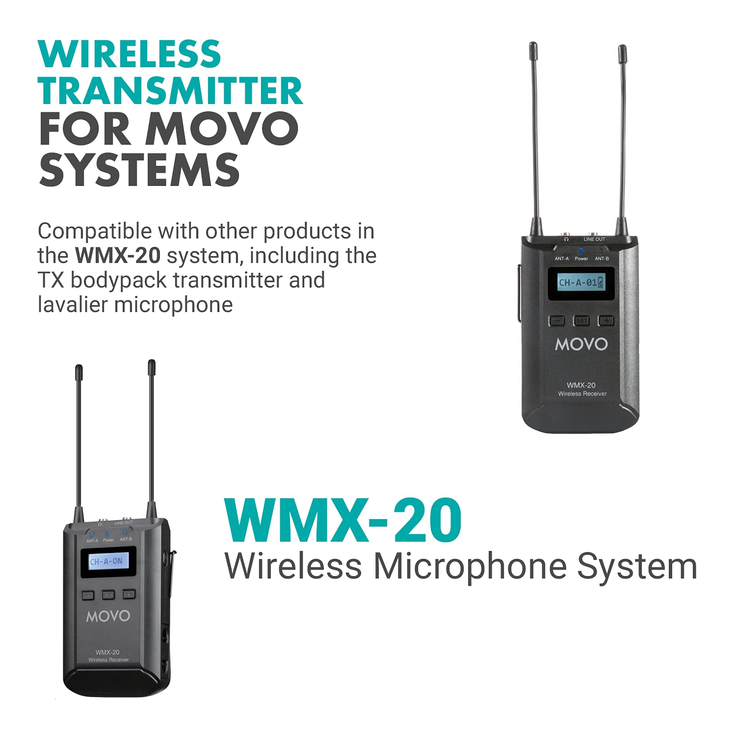 Movo WMX-20-RX Wireless Lavalier Microphone Receiver - Compatible with WMX-20 UHF System, Pairs with 2 Lapel Mics | Professional Audio Monitoring for Podcasting, Video Recording & Live Streaming