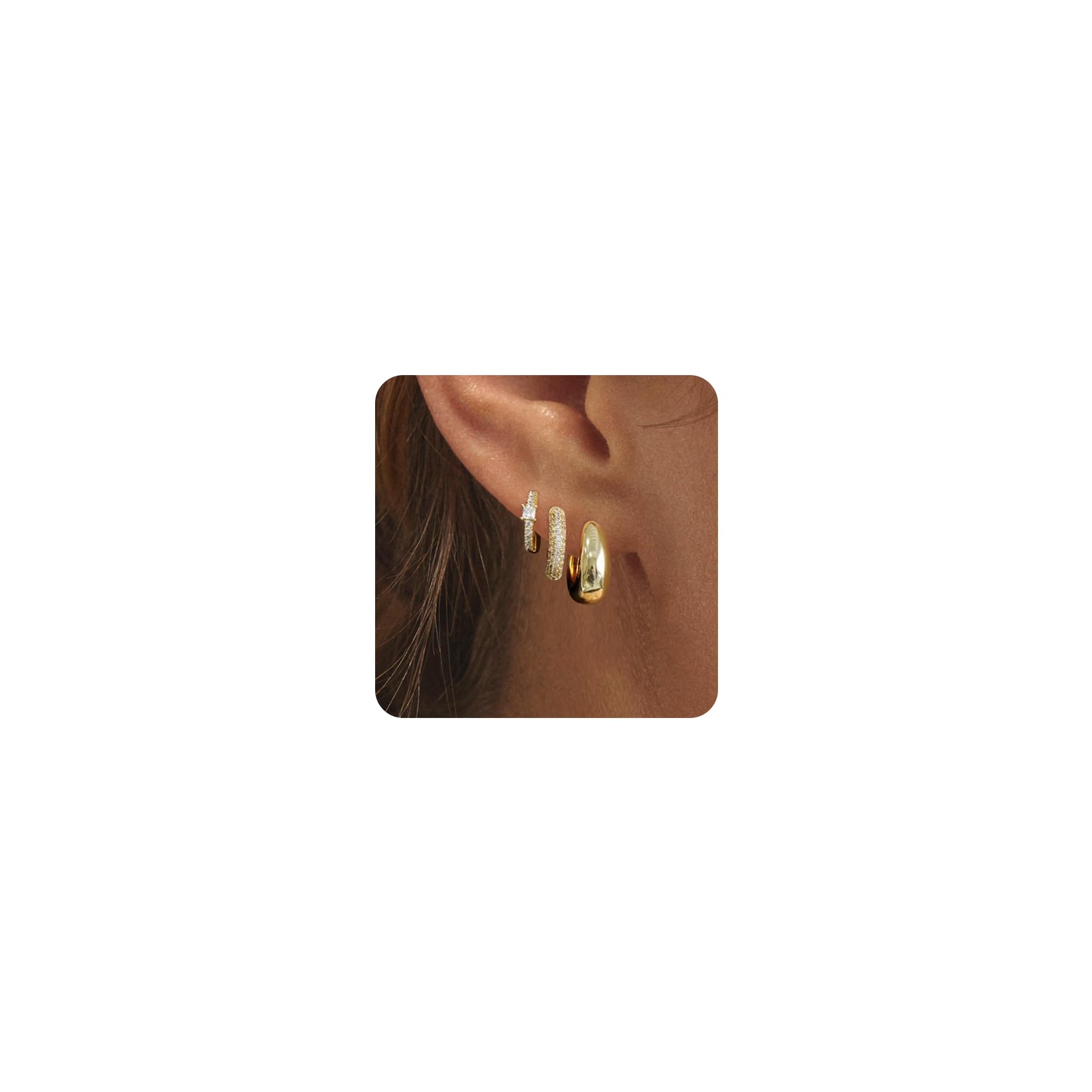 3 Pairs 14K Gold Plated Chunky Hoop Earrings for Women - Elegant Huggie Hoop Earring Set for Everyday Wear, Party & Gift Giving