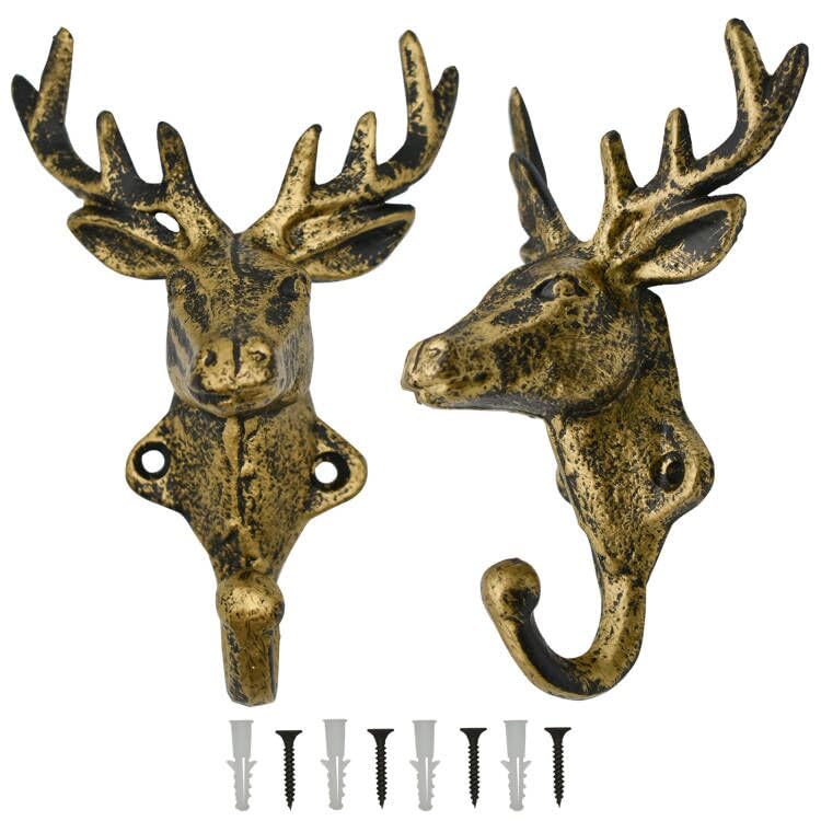 Vintage Brass Deer Head Hooks - 2 Pack Retro Gold Cast Iron Reindeer Elk Wall Hangers (4.33 x 6.3 Inch) for Coat Rack, Key Holder, Christmas Decor - Perfect for Farmhouse, Cabin & Holiday Home Decorating
