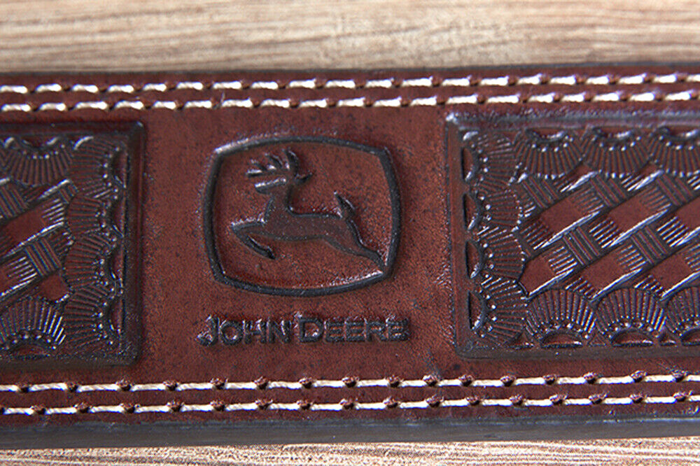 John Deere Wide Top Grain Basketweave Leather Cowboy Belt for Men - Chocolate Brown | Western Style, Ranch Work, Rodeo & Casual Wear