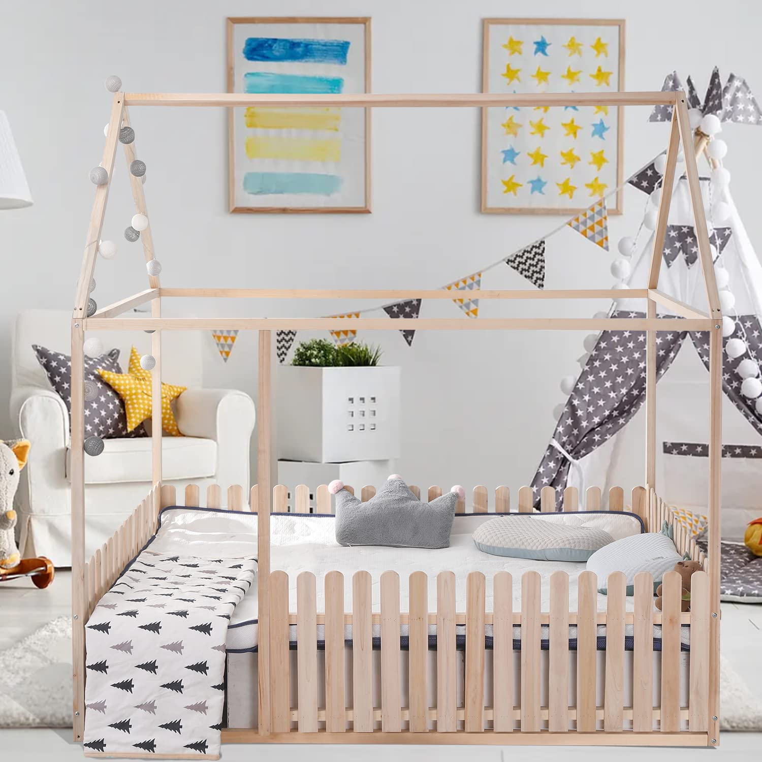 **Full Size Wooden House Bed for Kids - Playhouse Design with Canopy, Roof & Fence - Low Floor Height Platform Bed Frame - Perfect for Bedroom, Playroom & Imaginative Play**