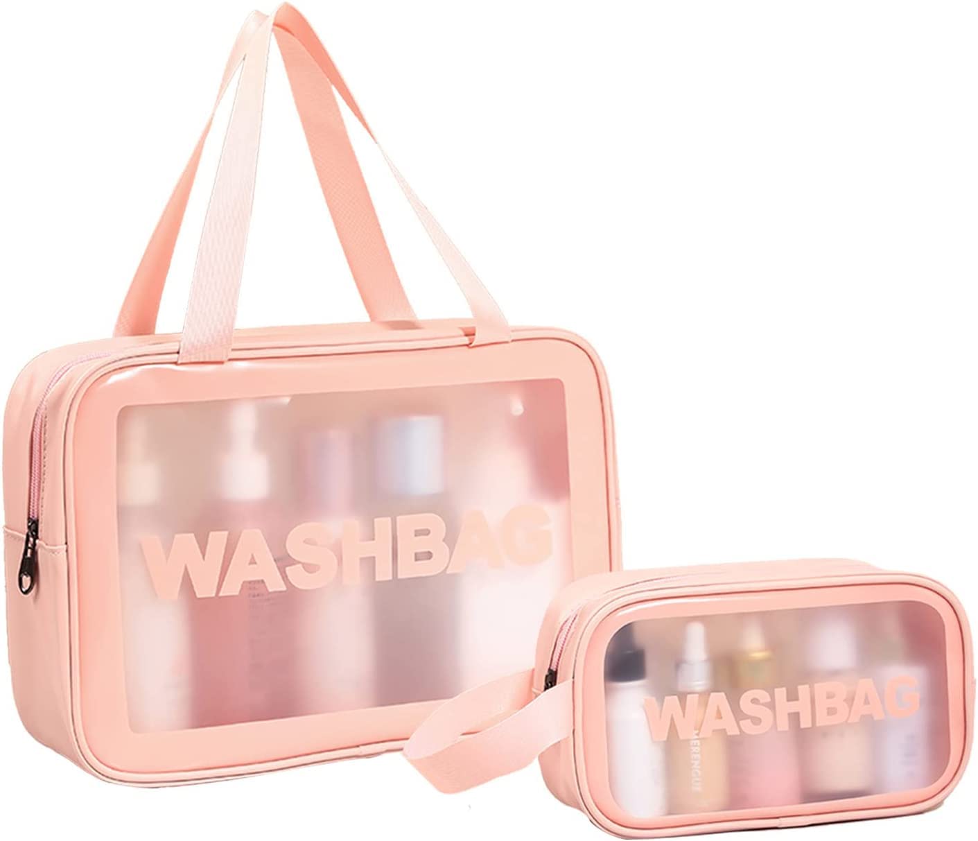 Waterproof PVC Clear Toiletry Bag for Women & Men - Travel Makeup Cosmetic Organizer with Zipper, Portable Carry Pouch (Set of 2 Pink Bags) - Perfect for Gym, Travel, and Daily Essentials Storage