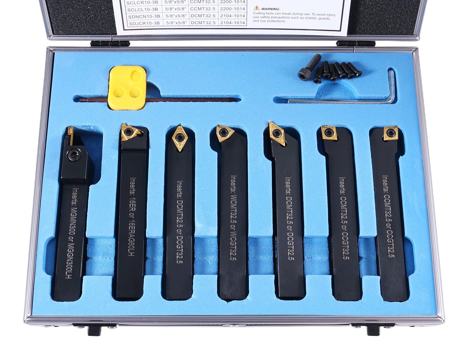 Accusize Industrial Tools 5/8'' Shank 7-Piece Indexable Carbide Turning Tool Set in Fitted Box (2387-2005) - Perfect for Lathe Turning, Metalworking & Machining Projects