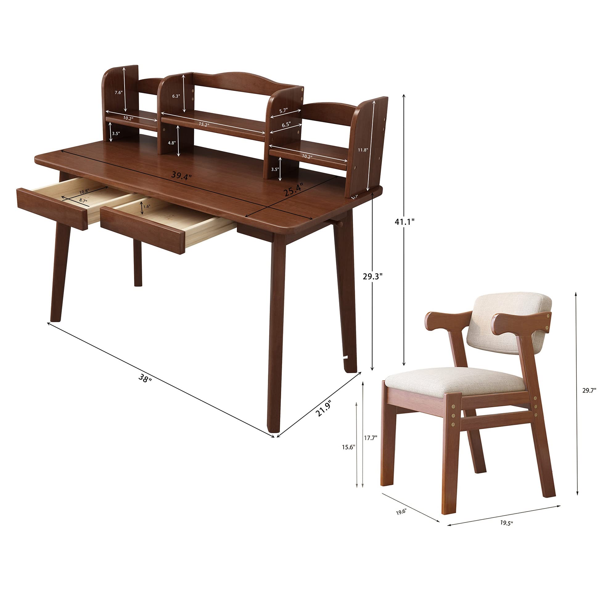 Wooden Kids Desk and Chair Set with Drawers & Bookshelf - Study Computer Workstation, Writing Table for Children's Room, Homeschool & Online Learning (Walnut)