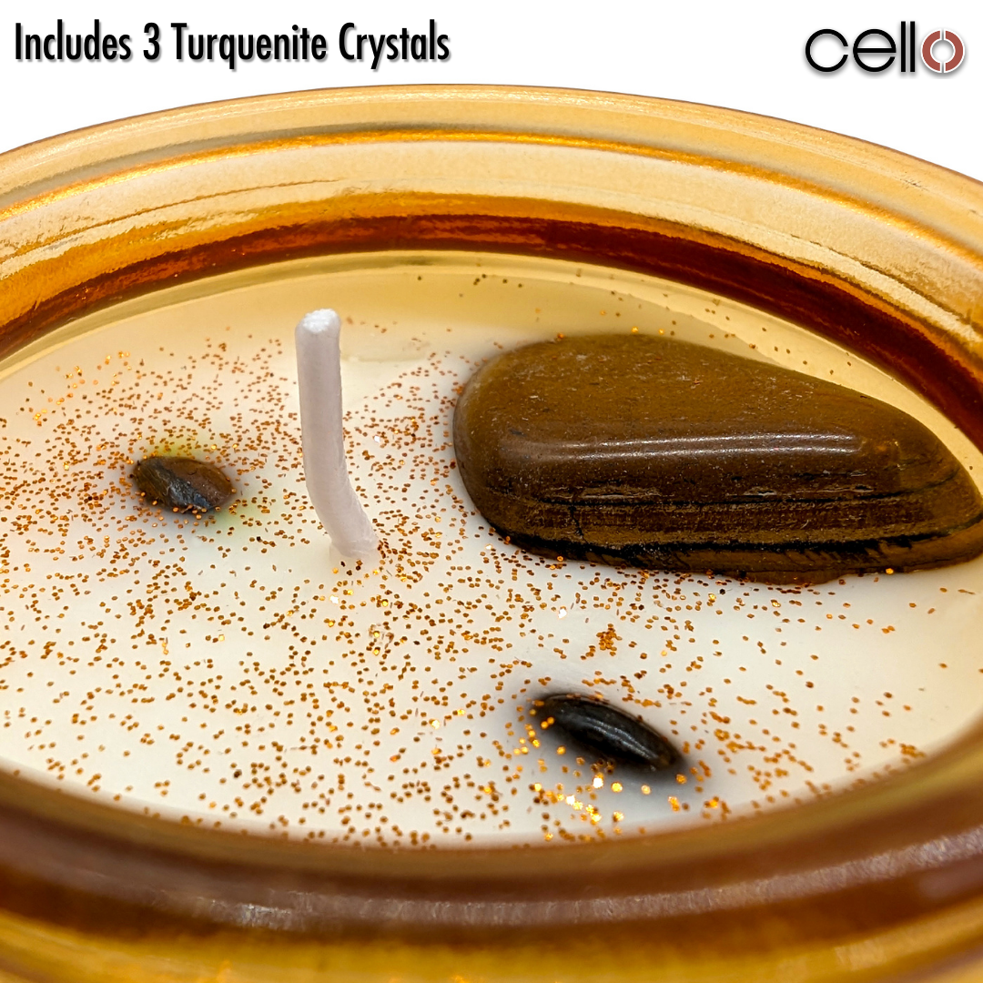 Handmade Cello Gemstone Candle with Convection Spinner - Valencia Orange Scent & Tiger's Eye Stone | Aromatherapy, Meditation & Home Decor Gift