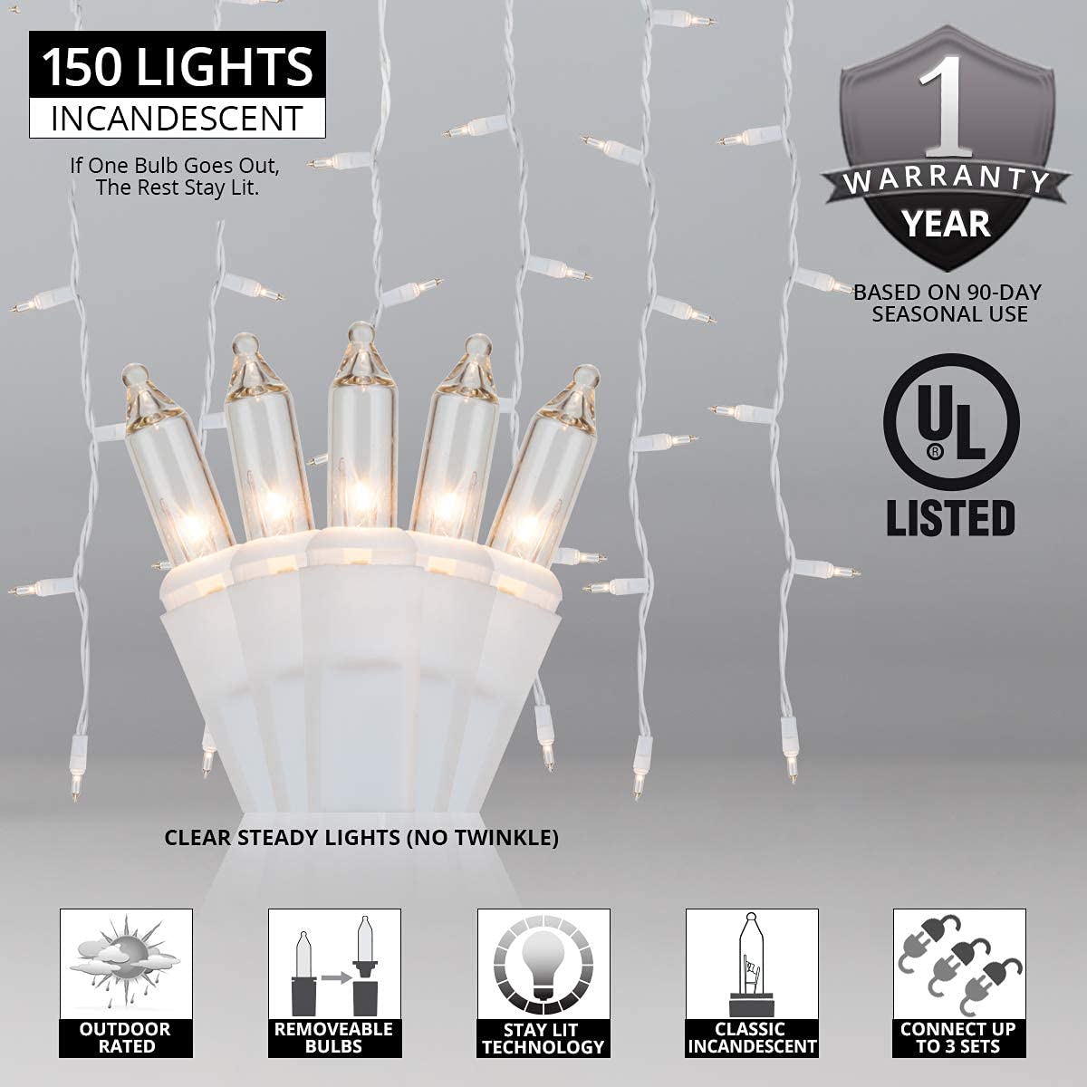 150-Light 6-Foot Clear Incandescent Curtain String Lights for Bedroom Decor - Indoor/Outdoor Christmas & Holiday Icicle Lighting (65