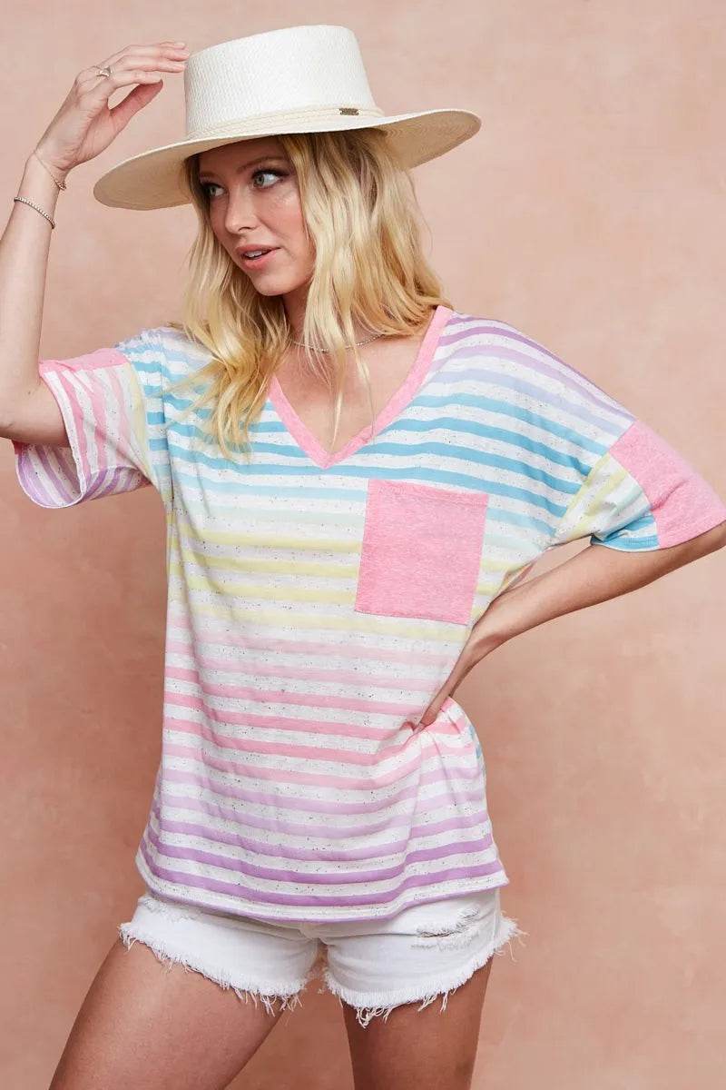 BiBi Rainbow Stripe Printed Triblend Knit Top - Women's Soft Comfortable Casual T-Shirt for Everyday Wear, Street Style & Summer Outfits