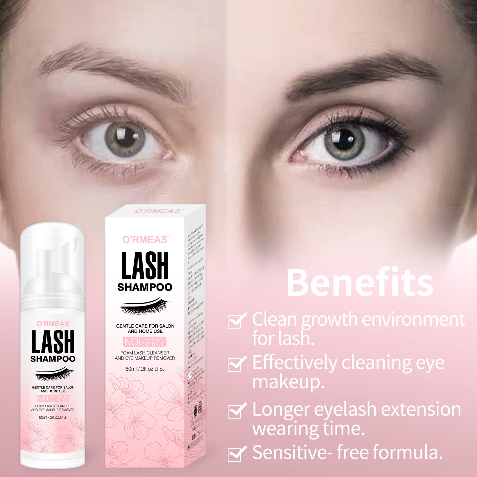 **60ML Eyelash Shampoo with Brush & Mascara Wand - Gentle Foaming Cleanser for Lash Extensions, Makeup Remover, Salon & Home Use - Perfect for Daily Eyelid Hygiene & Lash Care**