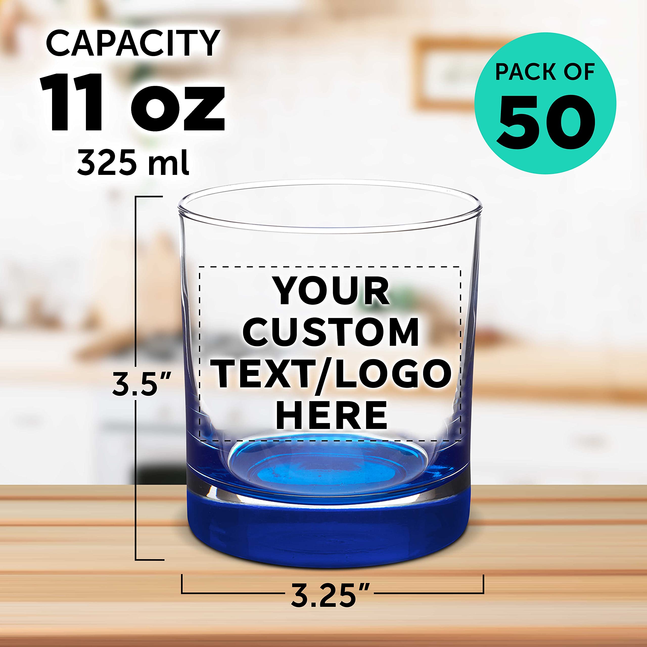Custom Engraved Whiskey Glasses Set of 50 - 10 oz Heavy Base Old Fashioned Bar Glasses by Libbey | Bulk Pack for Scotch, Bourbon, Cocktails & Whiskey Drinking | Perfect for Bars, Weddings, Corporate Gifts & Home Entertaining (Blue)