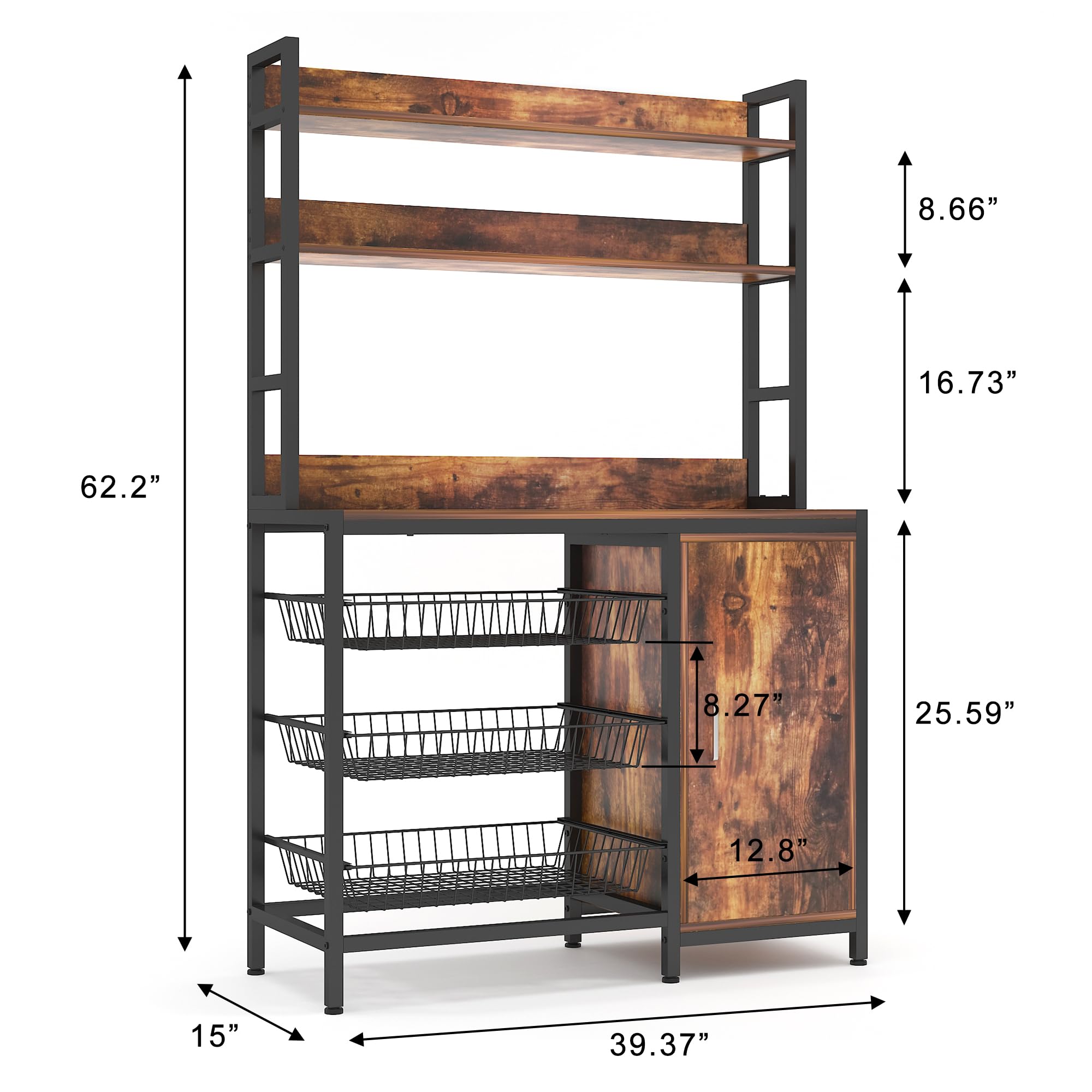 Industrial Kitchen Bakers Rack with Baskets & Door, Microwave Oven Stand, Utility Storage Shelf, Free Standing Organizer with Hooks - Perfect for Small Kitchens, Pantries, and Home Storage Solutions