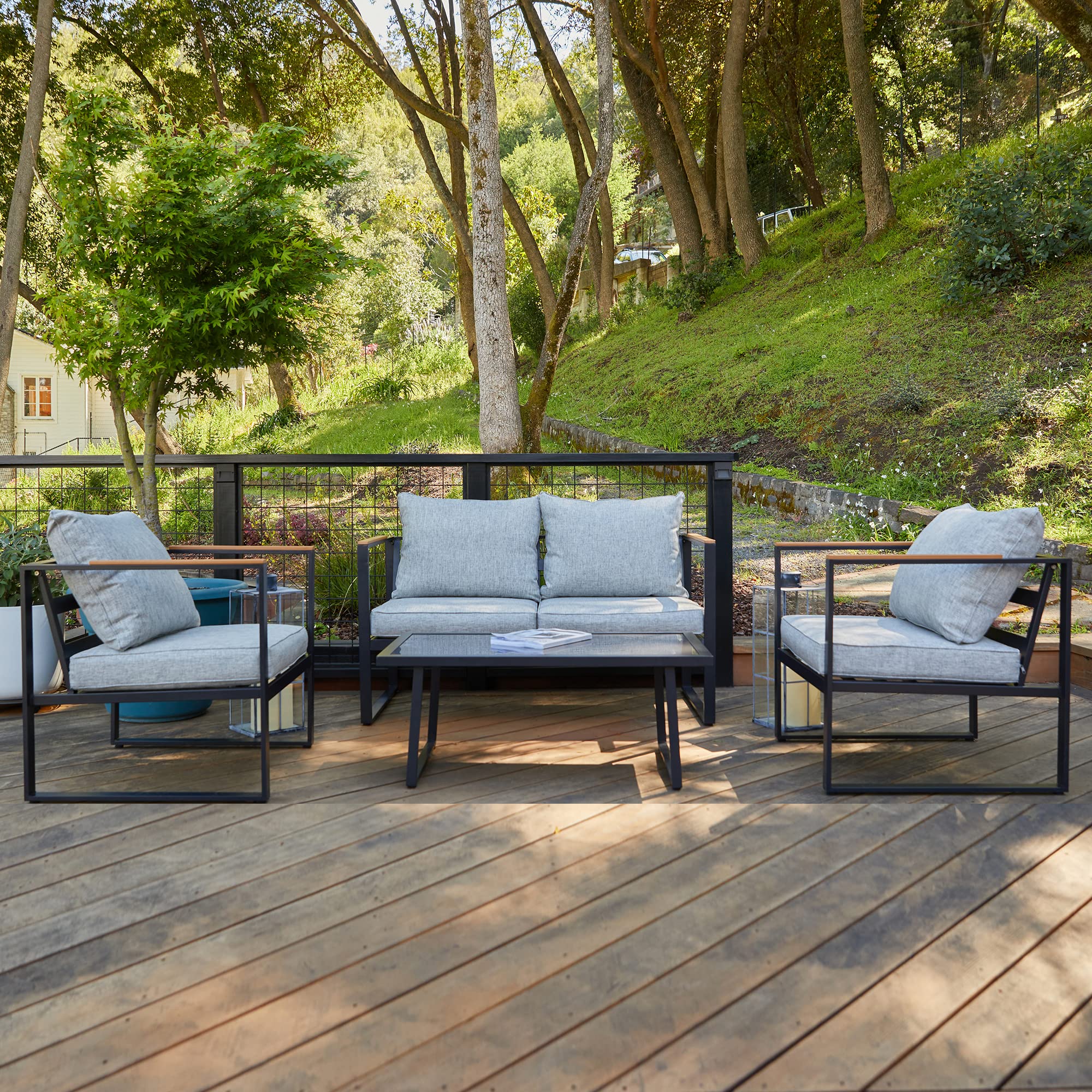 EAST OAK 4-Piece Outdoor Patio Furniture Set with Sofa, Washable Cushions & Tempered Glass Table - Light Gray & Black - Perfect for Backyard, Garden or Poolside Relaxation