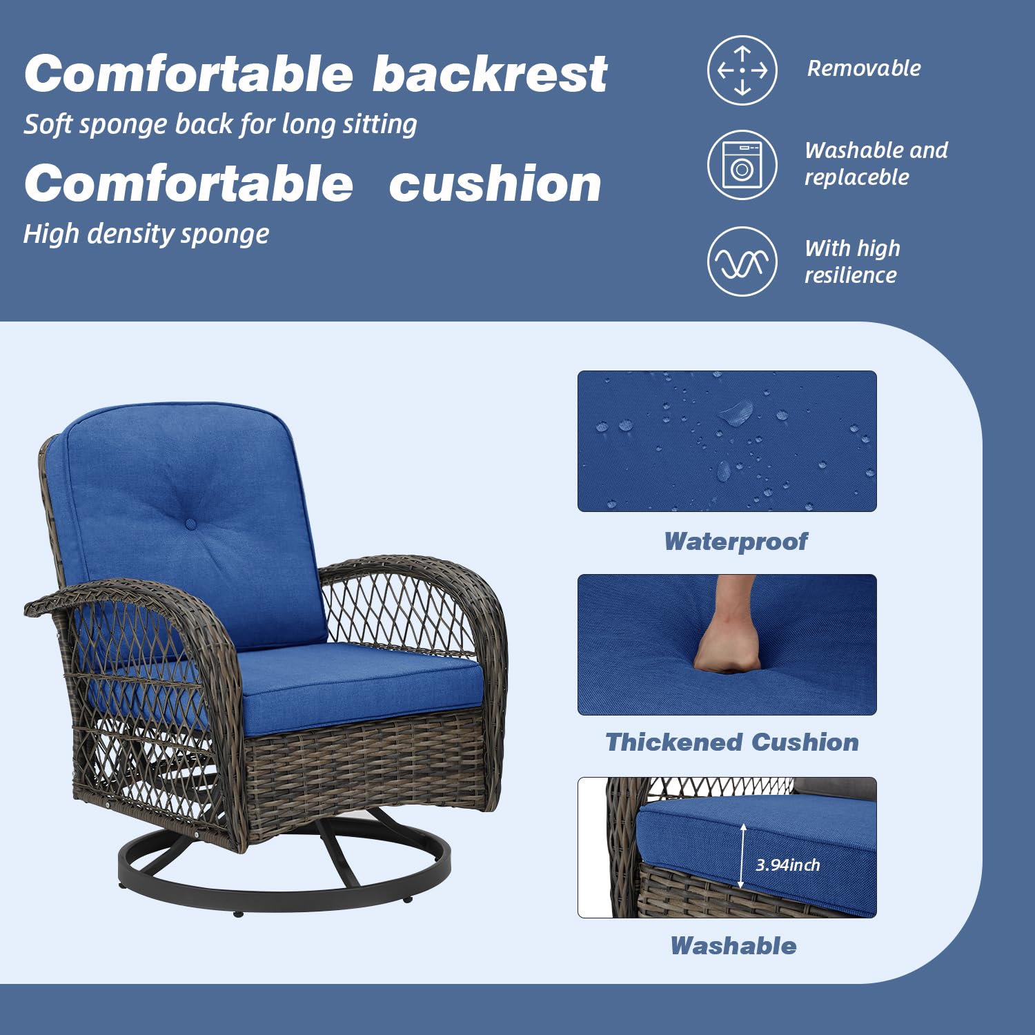 EROMMY 3-Piece Outdoor Swivel Rocking Chair Set with 360° Rotation, Thickened Cushions & Glass Coffee Table - Navy Blue Patio Furniture for Backyard, Garden, Poolside or Deck Relaxation