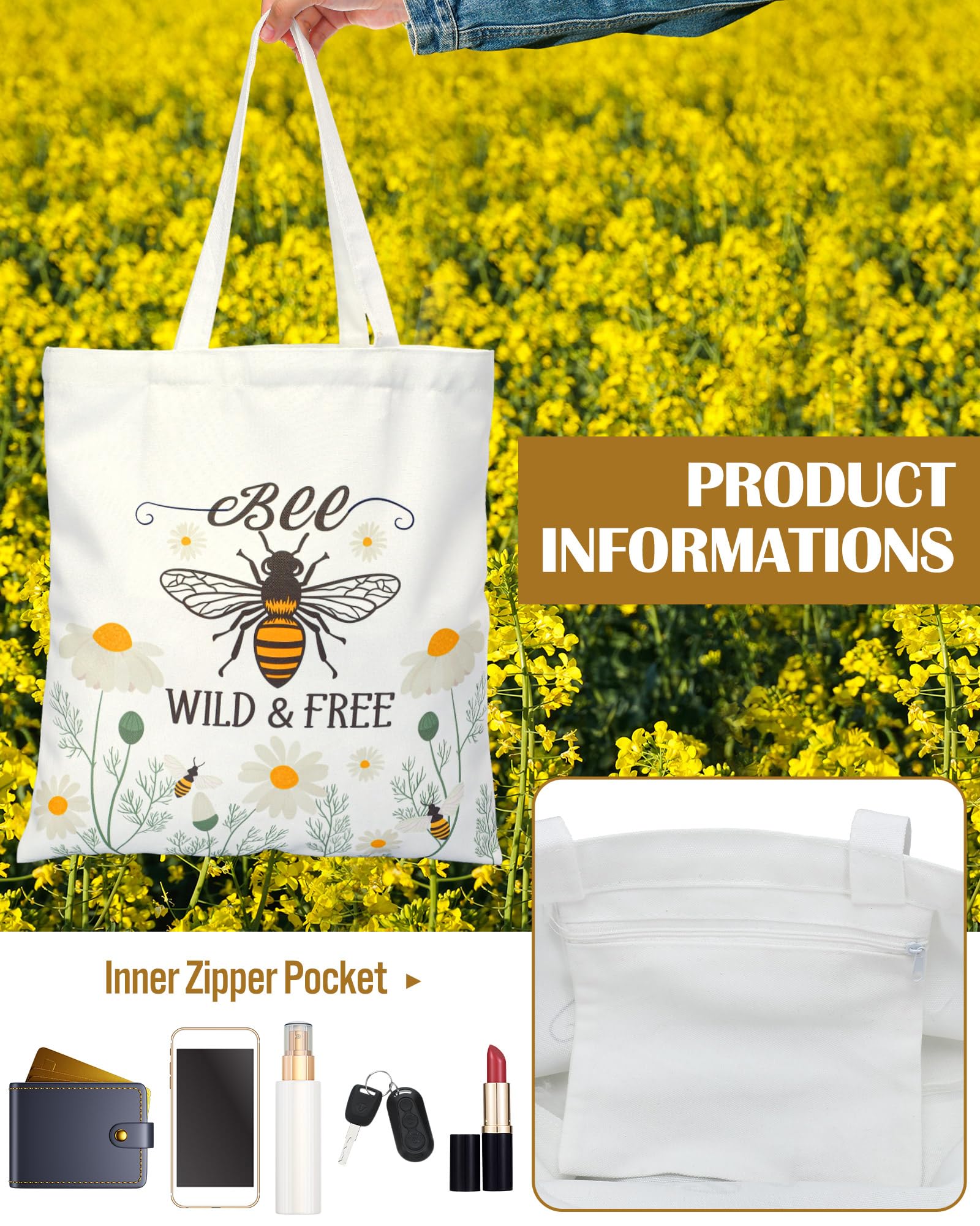 3-Piece Bee-Themed Gift Set for Women - Funny Honeybee Canvas Tote Bag with Zipper, Makeup Pouch & Socks - Perfect for Bee Day, Birthdays, Holidays - Great for Moms, Teachers, Employees, Beekeepers & Nature Lovers - Ideal for Picnics, Gardening & Beekeeping Activities