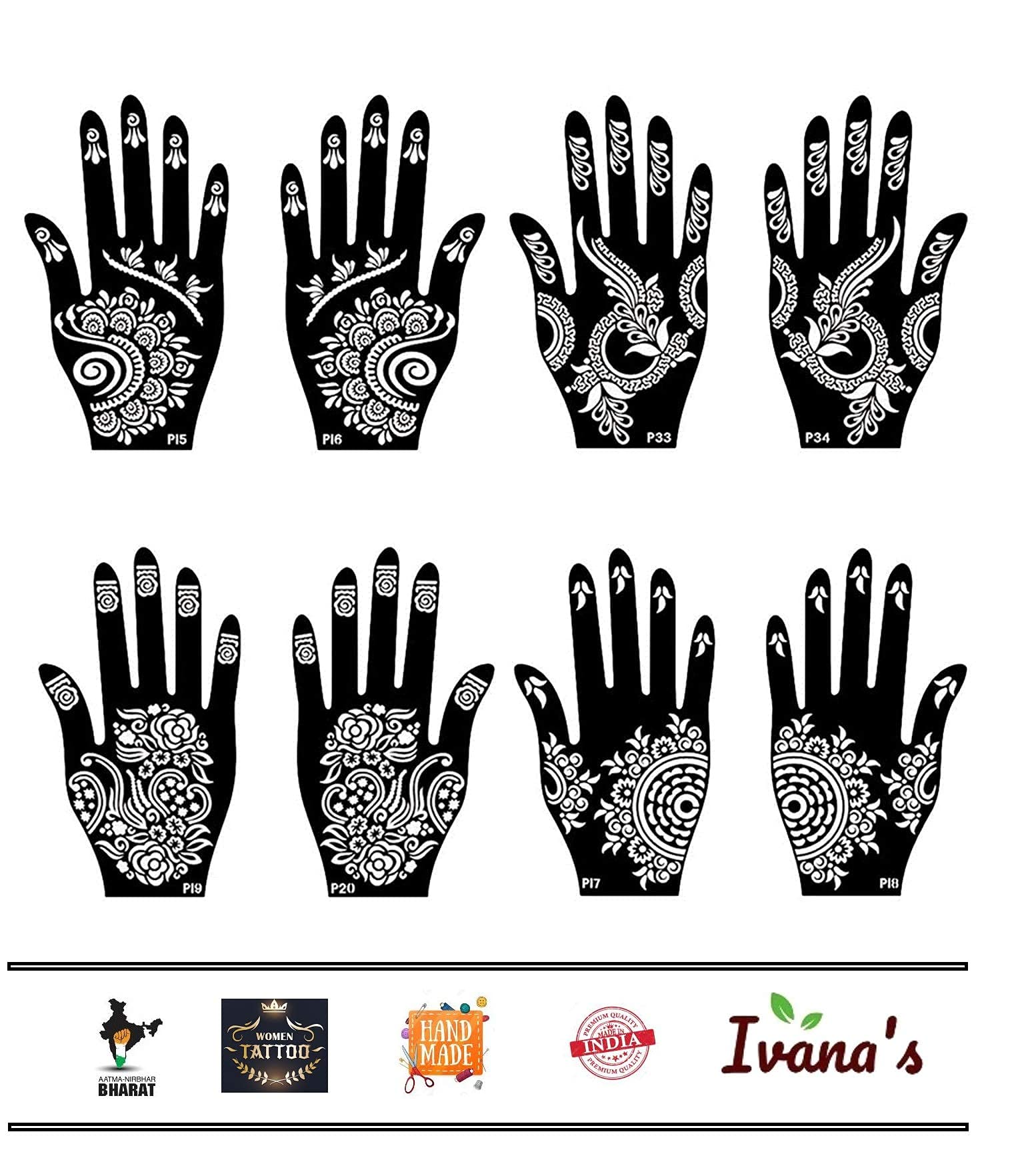 IVANA'S Henna Tattoo Stencil Kit for Hands, Body, Fingers & Face - Temporary Mehndi Art for Kids, Girls & Women - Design NIV-329 (Black, Medium) - Perfect for Parties, Weddings & Festive Celebrations