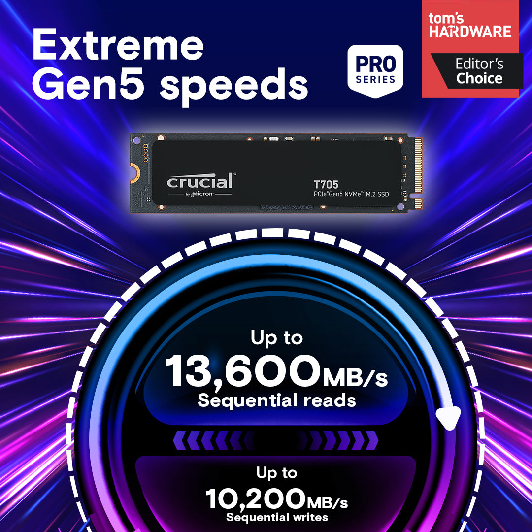 Crucial T705 PCIe Gen5 NVMe M.2 SSD 1TB 2TB 4TB - High-Speed Gaming & Workstation Storage for PC Builders, Content Creators & Professionals