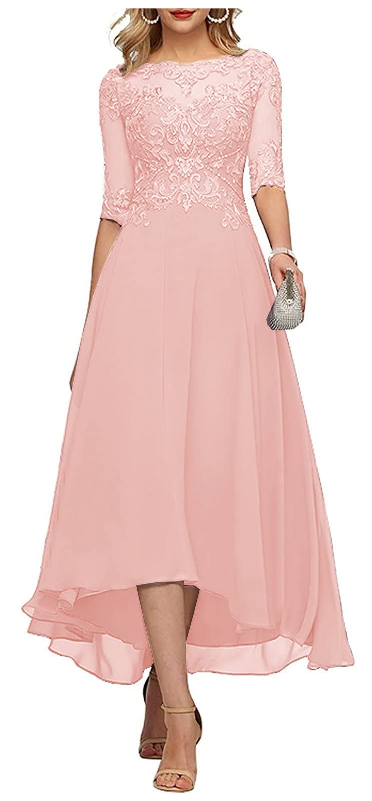 Elegant Women's Half Sleeve Mother of The Bride Dress - Tea Length Chiffon Lace Applique Wedding Gown for Evening Parties & Special Occasions | Perfect for Weddings, Receptions, and Formal Events