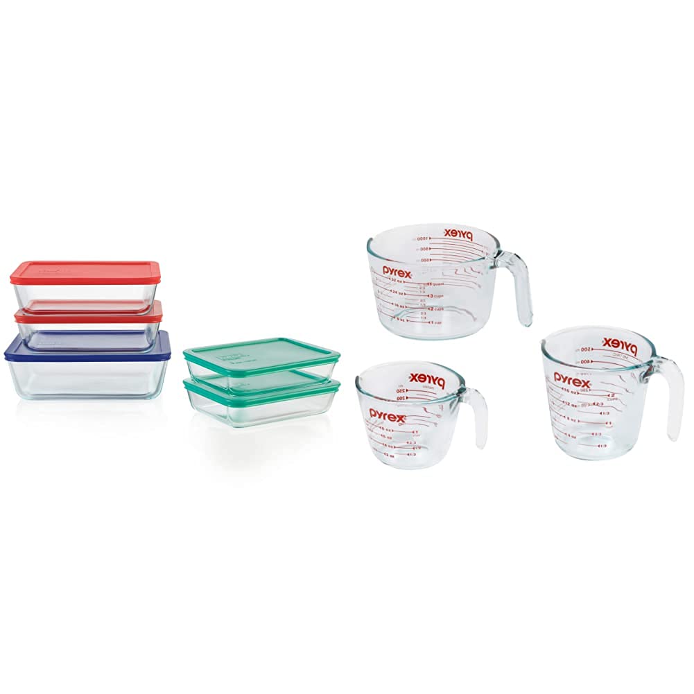 Pyrex Simply Store 10-Piece Glass Food Storage Containers with BPA Free Lids & 3-Piece Glass Measuring Cup Set - Oven, Microwave & Freezer Safe Meal Prep Containers for Kitchen Storage, Leftovers & Meal Planning