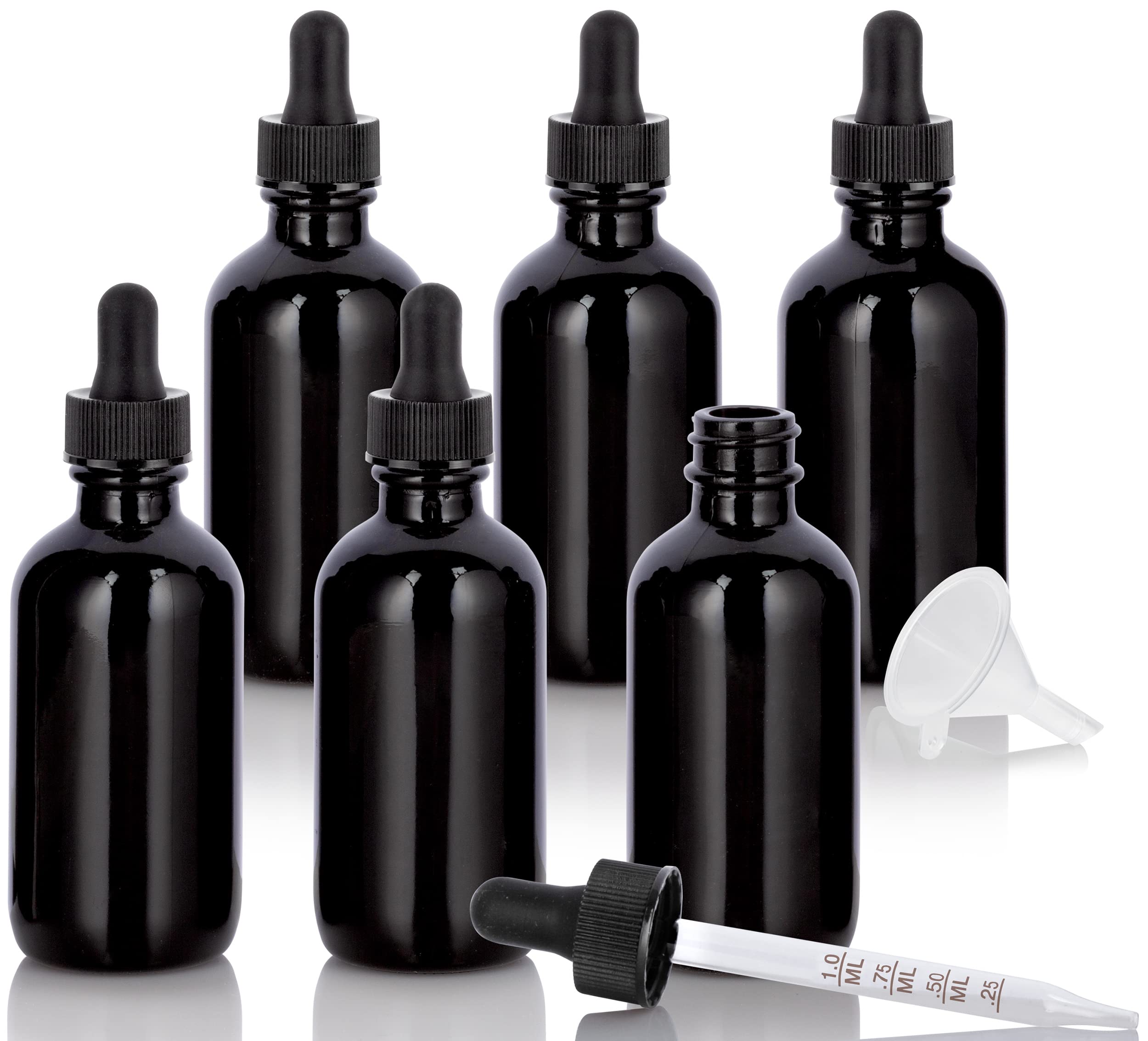 JUVITUS 6 Pack 2 oz (60ml) Amber Glass Boston Round Bottles with Graduated Dropper & Funnel - Essential Oil, CBD, Tincture Storage - Perfect for DIY Beauty, Aromatherapy & Herbal Remedies