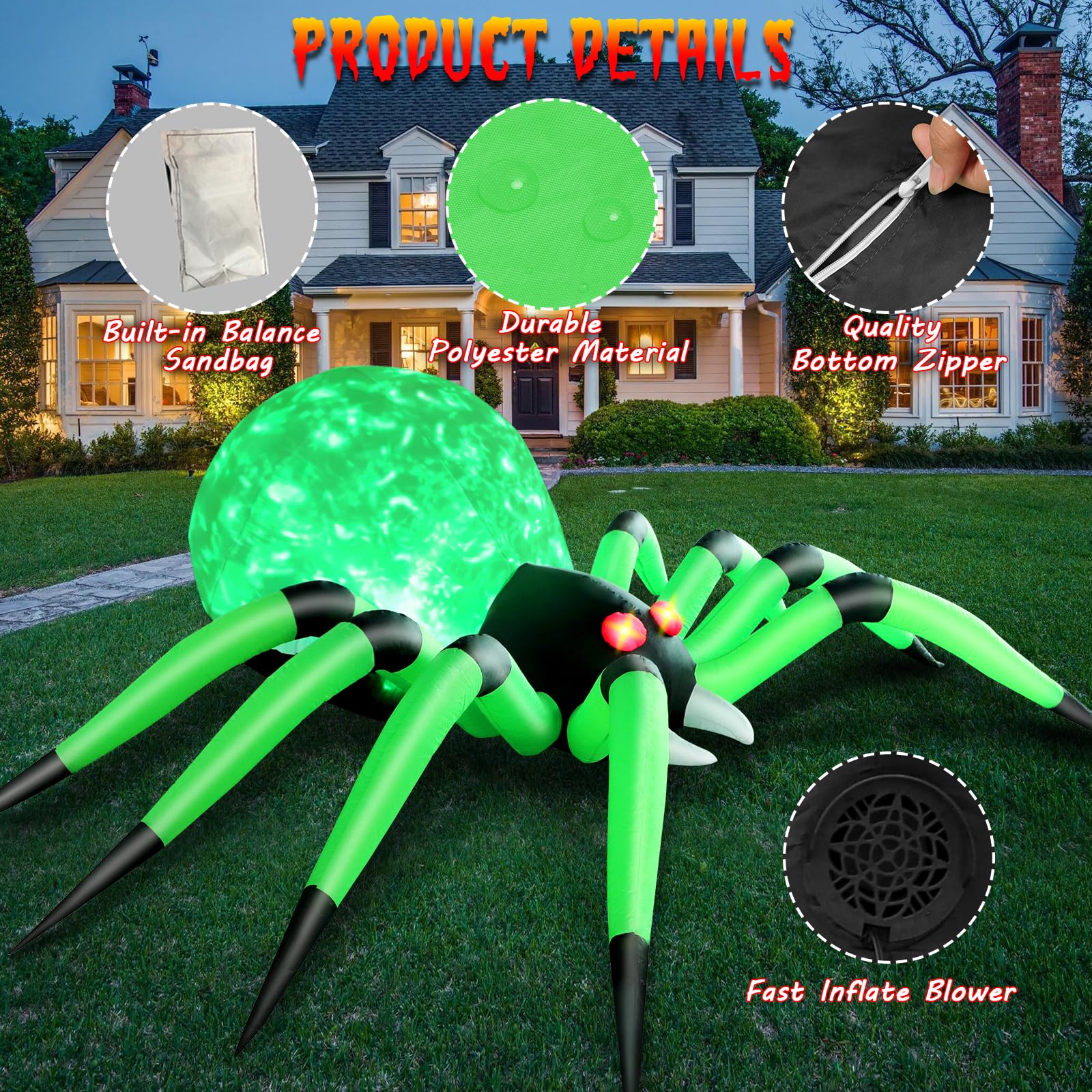 10 FT Halloween Inflatable Spider Outdoor Decorations - Giant Scary Green Spider with Built-in LED Flame Lights for Yard, Garden, Lawn, Porch | Spooky Party Decor, Haunted House Prop, Trick or Treat Display