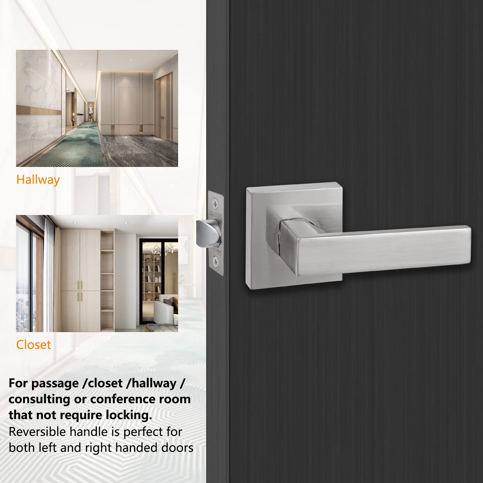 NEWBANG Heavy Duty Hall/Closet Lever Handle Lock - Satin Nickel Finish Silver Passage Door Lock - Perfect for Bedrooms, Bathrooms & Interior Doors