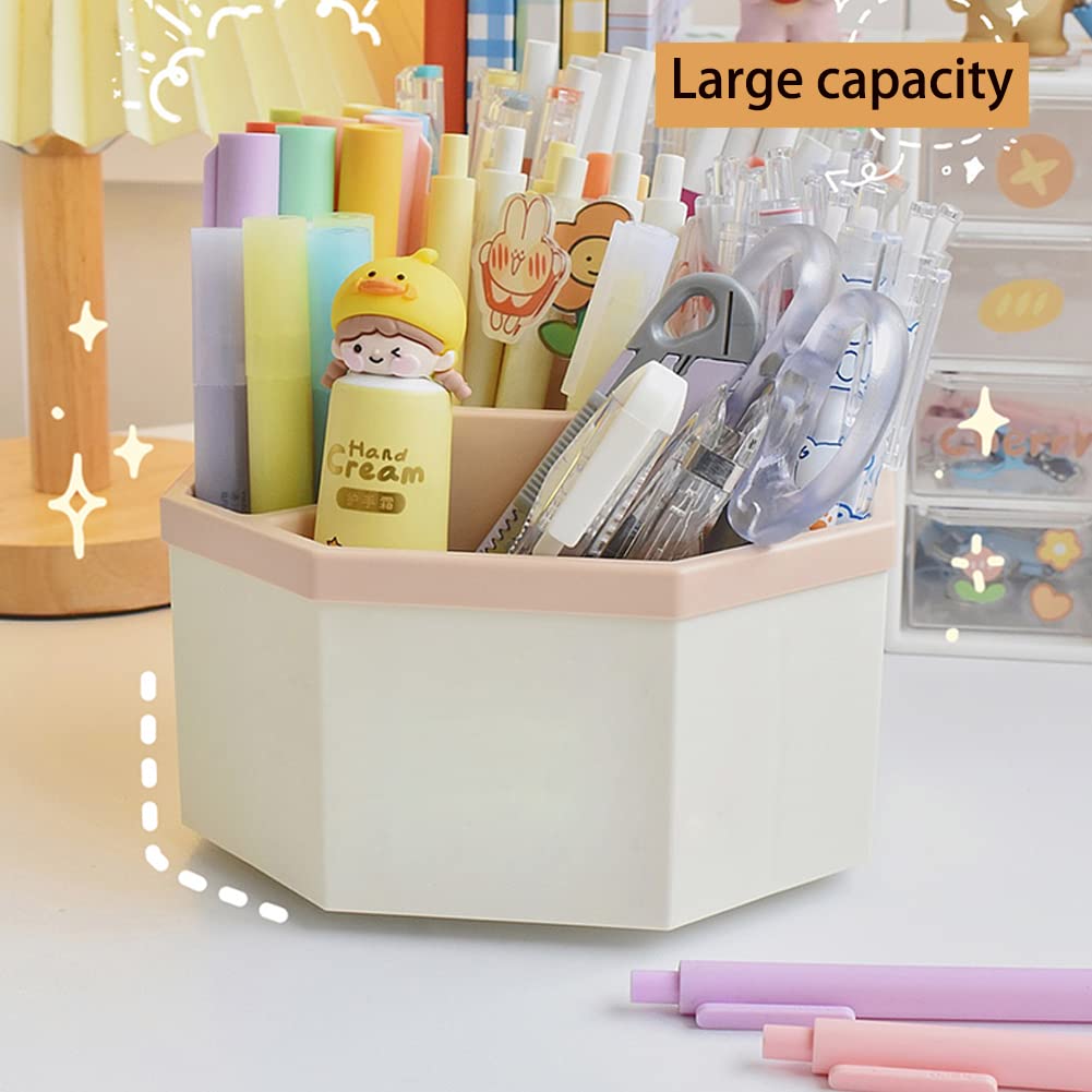 360° Rotating Desk Organizer with 5 Compartments - Multi-Functional Pen Holder & Art Supply Storage Box for Home Office, School, Craft Room (White & Pink) - Perfect for Organizing Stationery, Makeup Brushes, and Office Supplies