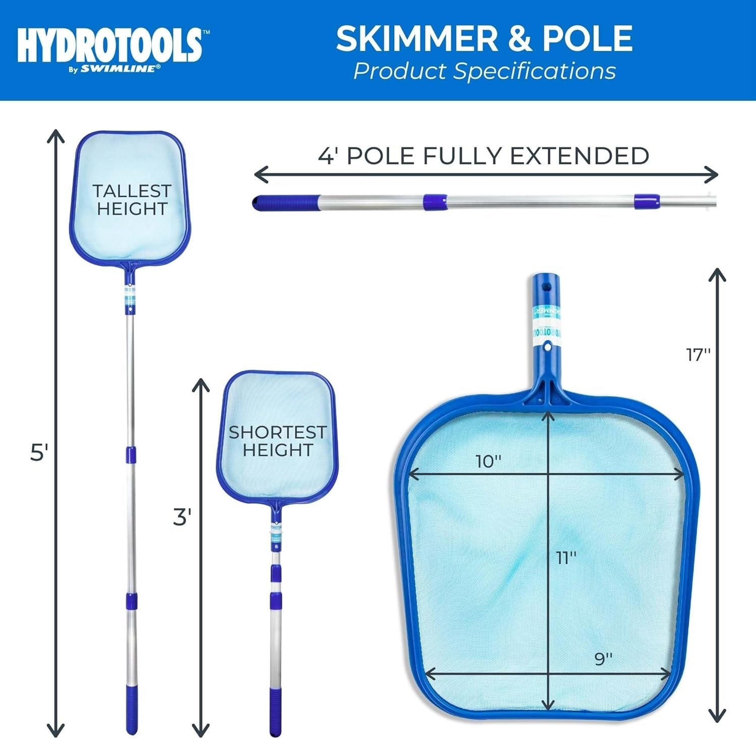 4' Adjustable Telescopic Pool Skimmer Net - Heavy Duty Stainless Steel Mesh for Leaves & Debris - Perfect for Above Ground & Inground Pool Cleaning