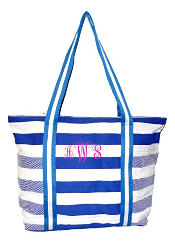 100% Cotton Striped Extra Large Beach Tote Bag - Blue with Embroidered Monogram | Perfect for Pool, Beach Vacation & Summer Travel Accessories