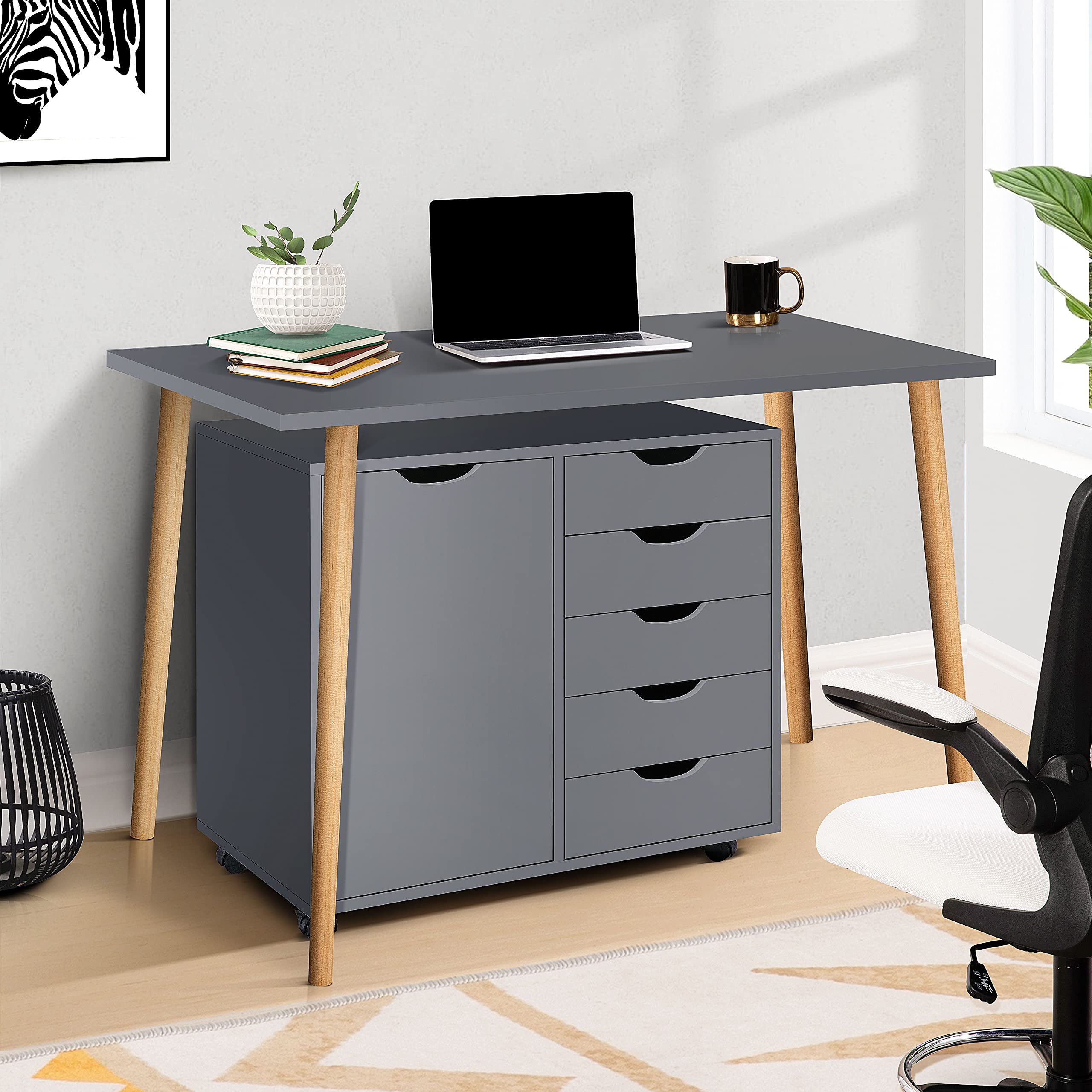 Naomi Home Office Wooden Lateral File Cabinet - 5 Drawer with Shelf, Mobile Storage Cabinet for Documents & Supplies - Perfect for Home Office Organization & Small Business Filing Needs (Gray)