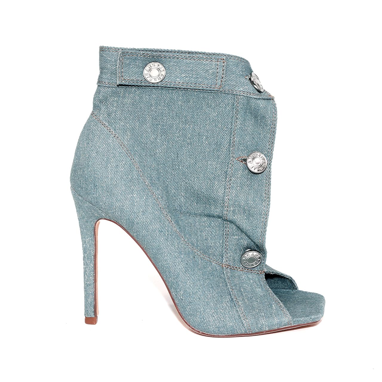 Liliana Women's Denim Button Up High Heel Open Toe Booties - Peep Toe Ankle Boots with Pocket for Casual Outings & Night Out