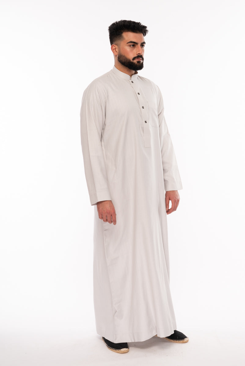 Grey Square Buttoned Thobe for Men - Traditional Islamic Robe with Stylish Design - Perfect for Prayer, Eid, and Special Occasions