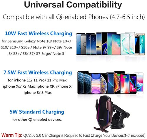 15W Fast Wireless Car Charger Mount - Auto Clamping Phone Holder for iPhone 13/12/11/XS/XR/X/8 & Samsung S21/S20/S10/Note10/Note9 - Dashboard & Air Vent Compatible - Perfect for Road Trips & Daily Commutes
