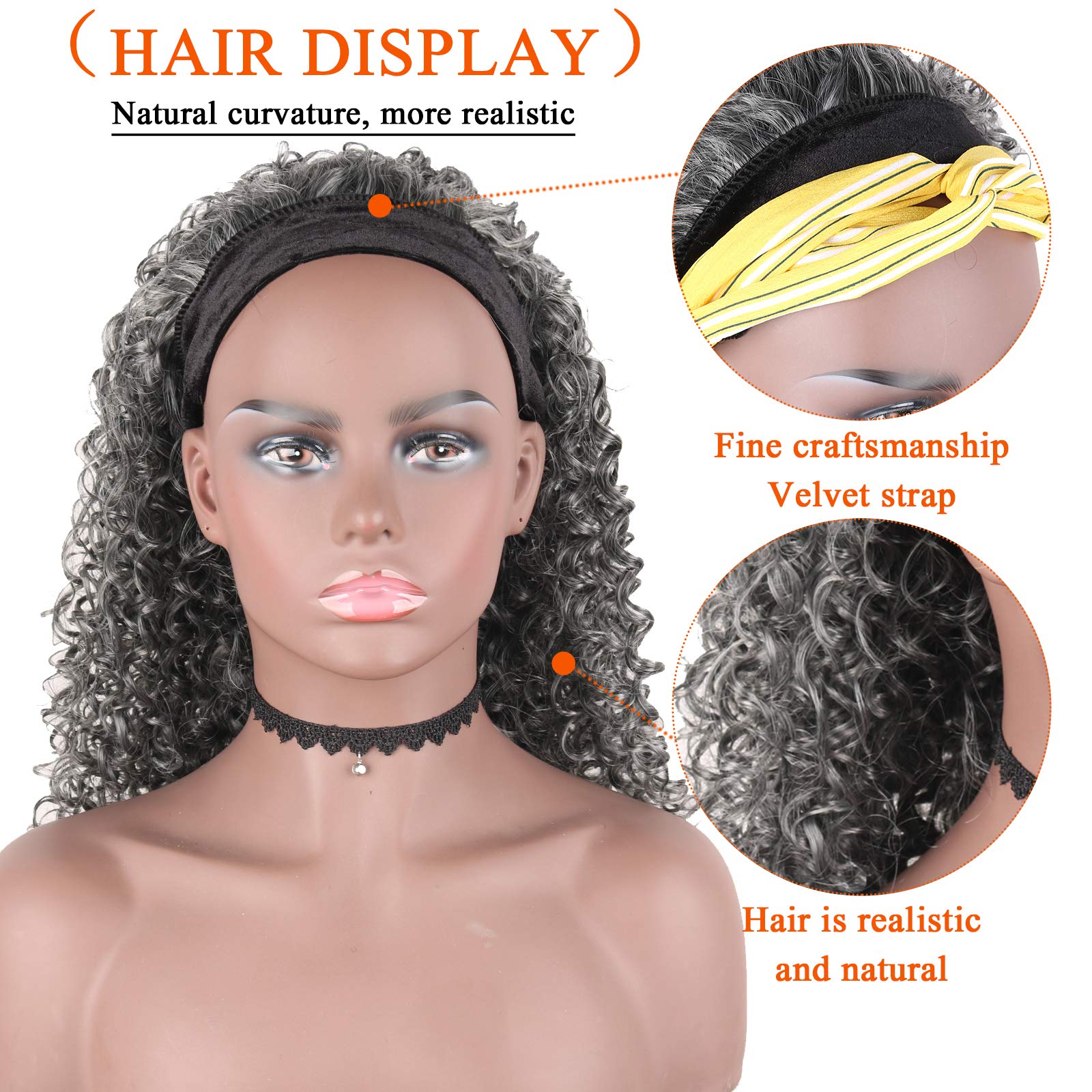 Short Afro Kinky Curly Grey Headband Wig for Black Women - 16inch Synthetic Curly Headband Wig with Attached Scarf (1B/Grey) | Perfect for Daily Wear, Cosplay, and Protective Styling