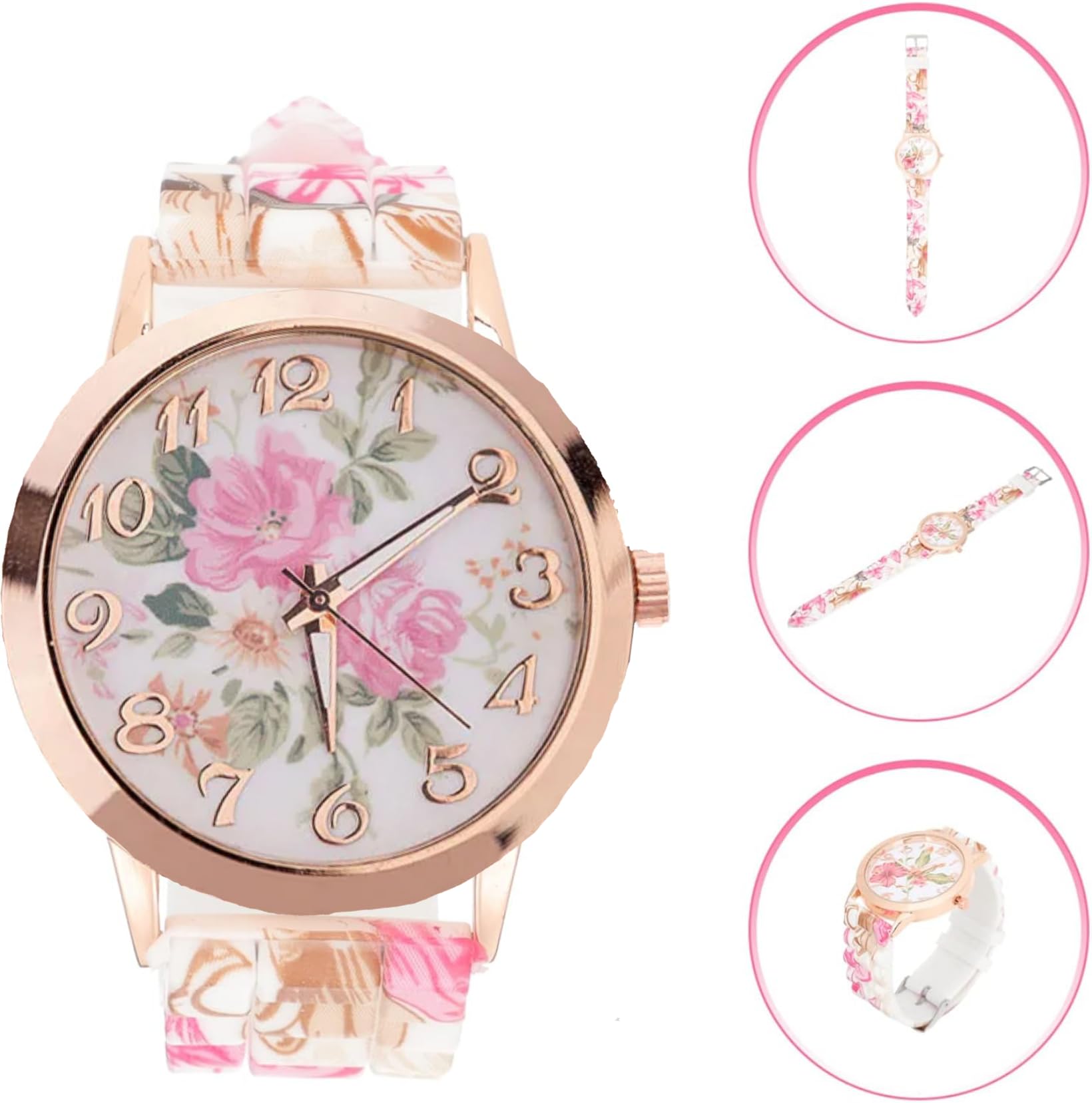 TONSY Women's Floral Print Analog Watch with Multi-Color Dial & Pink Leather Strap - Elegant Fashion Accessory for Casual Wear, Office & Special Occasions