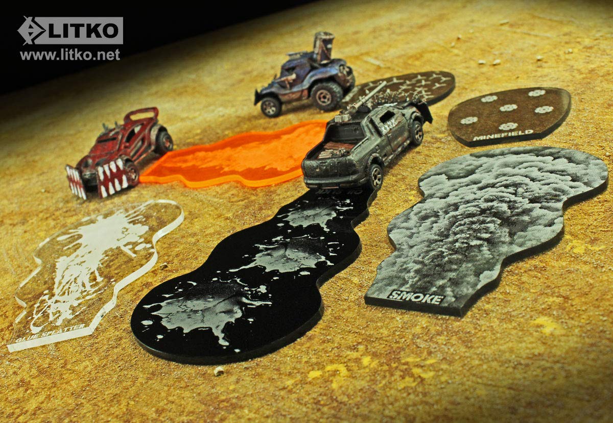 LITKO Gaslands Miniatures Game Accessories - Dropped Weapon Area Effects Templates Set with Smoke, Glue, Caltrops, Mine Field, Flame Thrower & Oil Slick | Variety Pack for Tabletop Wargaming & Car Combat Scenarios