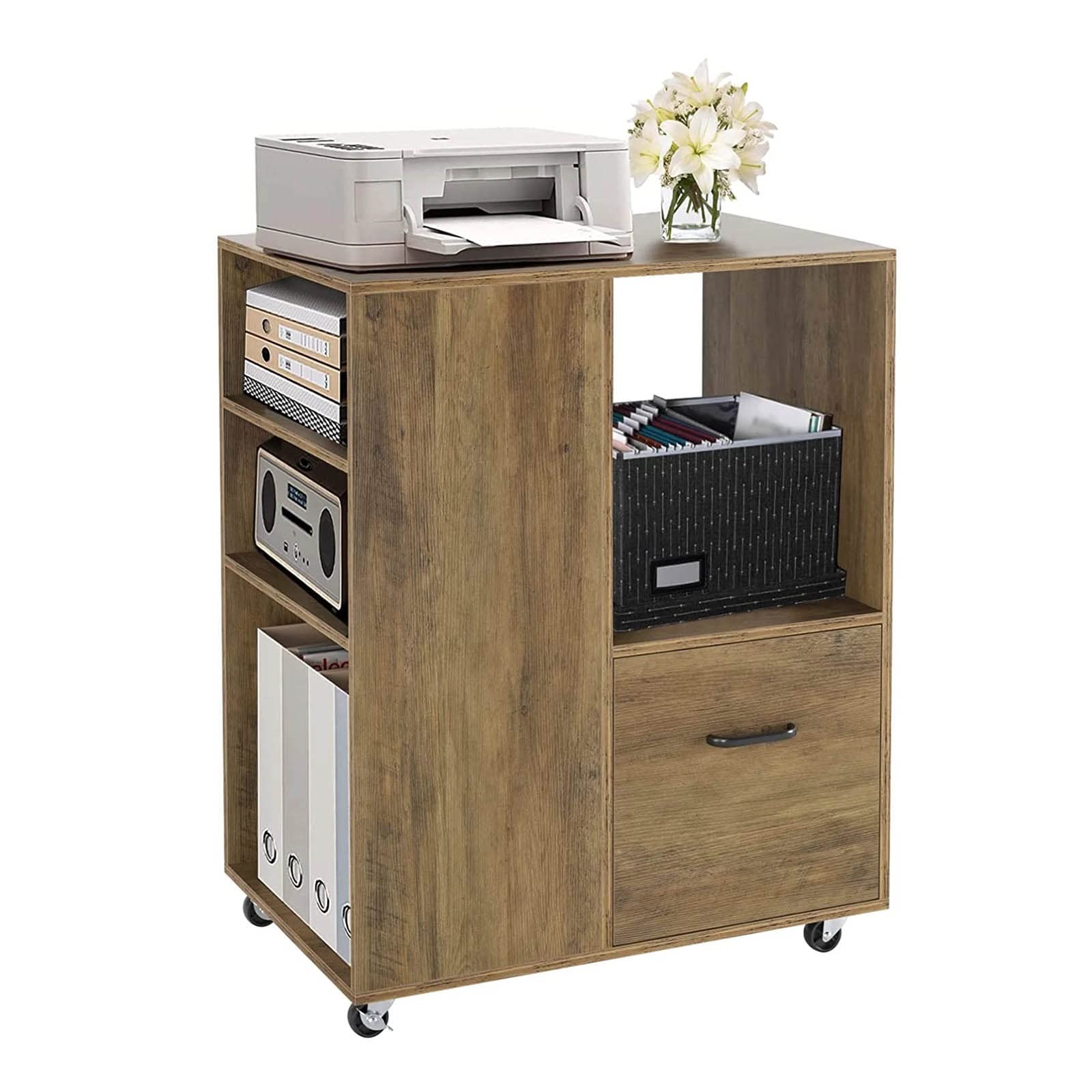 TOMYEUS Mobile Printer Stand with Wheels - 3-Drawer Rolling File Cabinet with Open Storage Compartments for Office, Home & Workspace Organization (Ideal for Printers, Files & Office Supplies)