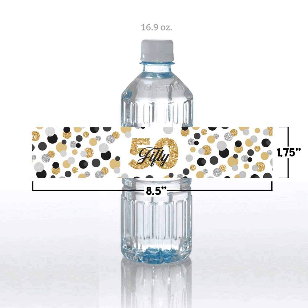 50th Birthday Party Waterproof Bottle Stickers - Confetti Polka Dot Wrap Around Labels for Anniversary Celebrations (20 Pack, 1.75