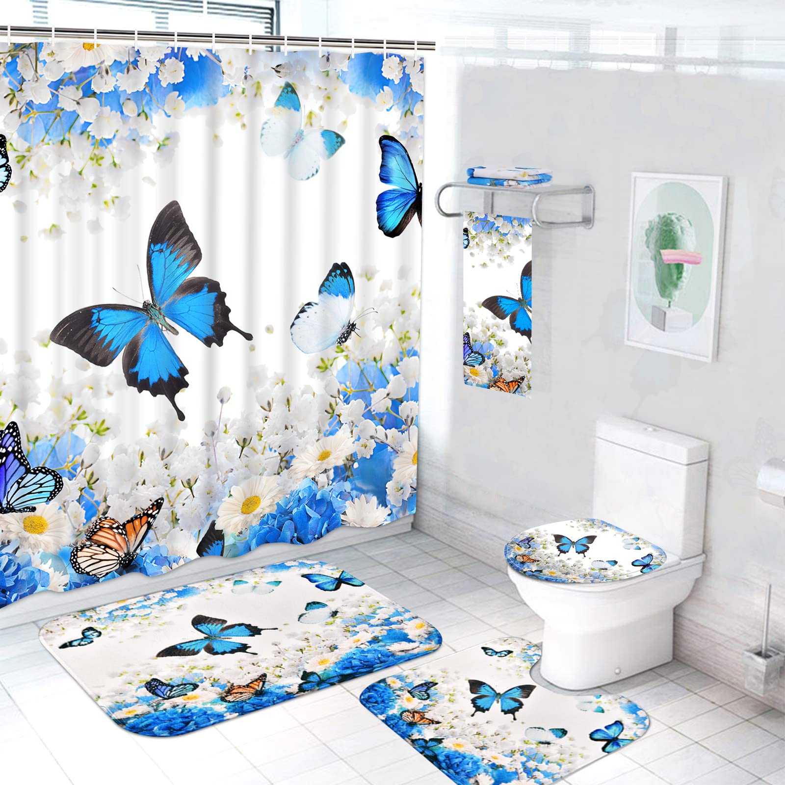 **7-Piece Blue Floral Shower Curtain Set with Non-Slip Rug, Toilet Cover & Microfiber Towels - Bathroom Decor for Home, Hotel & Spa | Includes 12 Hooks & Large Bath Mat**