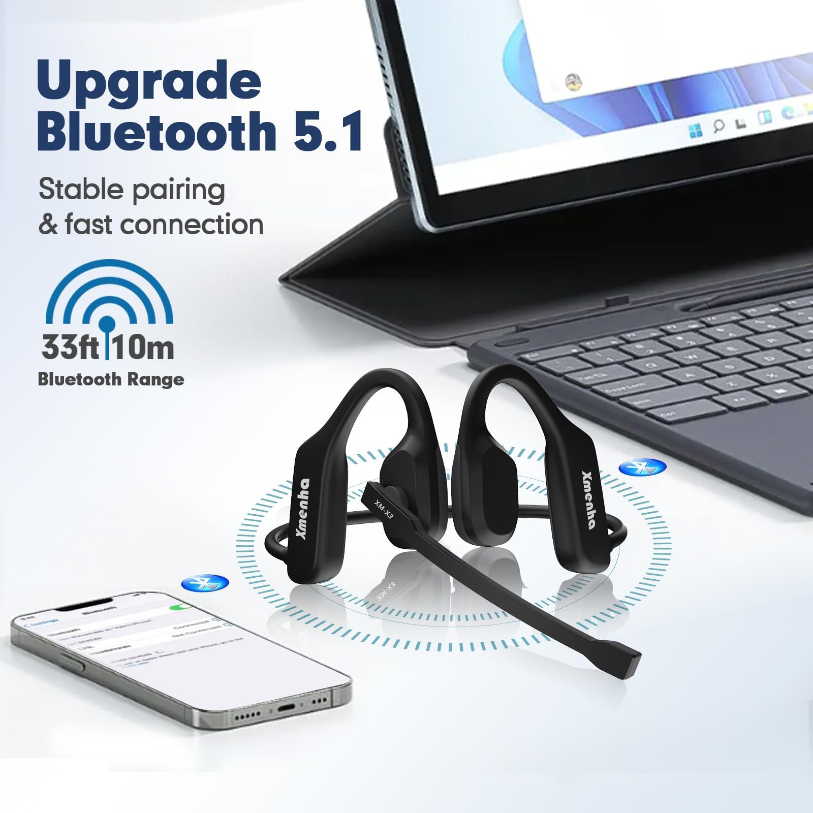 **Wireless Bluetooth Headset with Noise Cancelling Microphone – Open Ear Air Conduction Headphones for Work, PC, Laptop, Truck Drivers & Sports – Perfect for Calls, Gaming & Outdoor Activities**