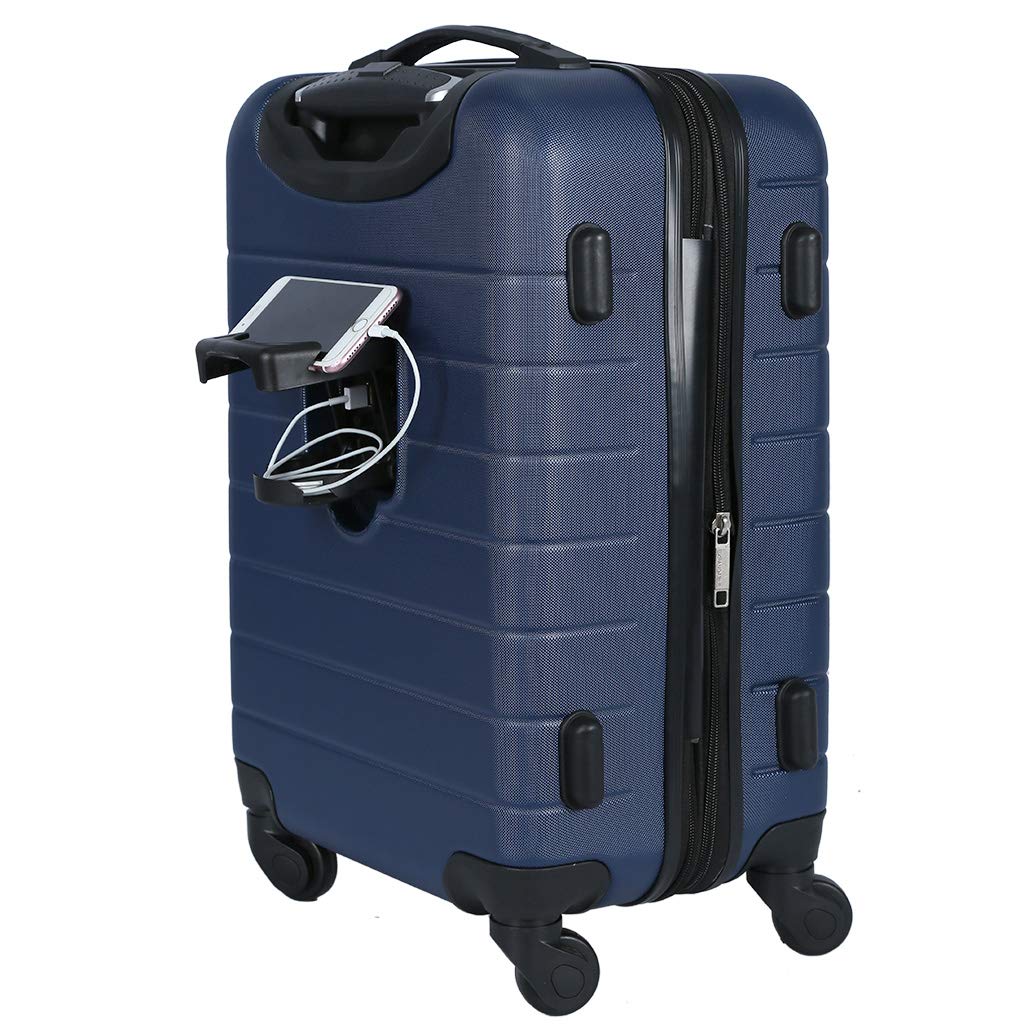 Wrangler Smart Carry-On Luggage with Built-In Cup Holder & USB Charging Port - 3 Piece Set Navy Blue - Perfect for Air Travel, Business Trips & Weekend Getaways