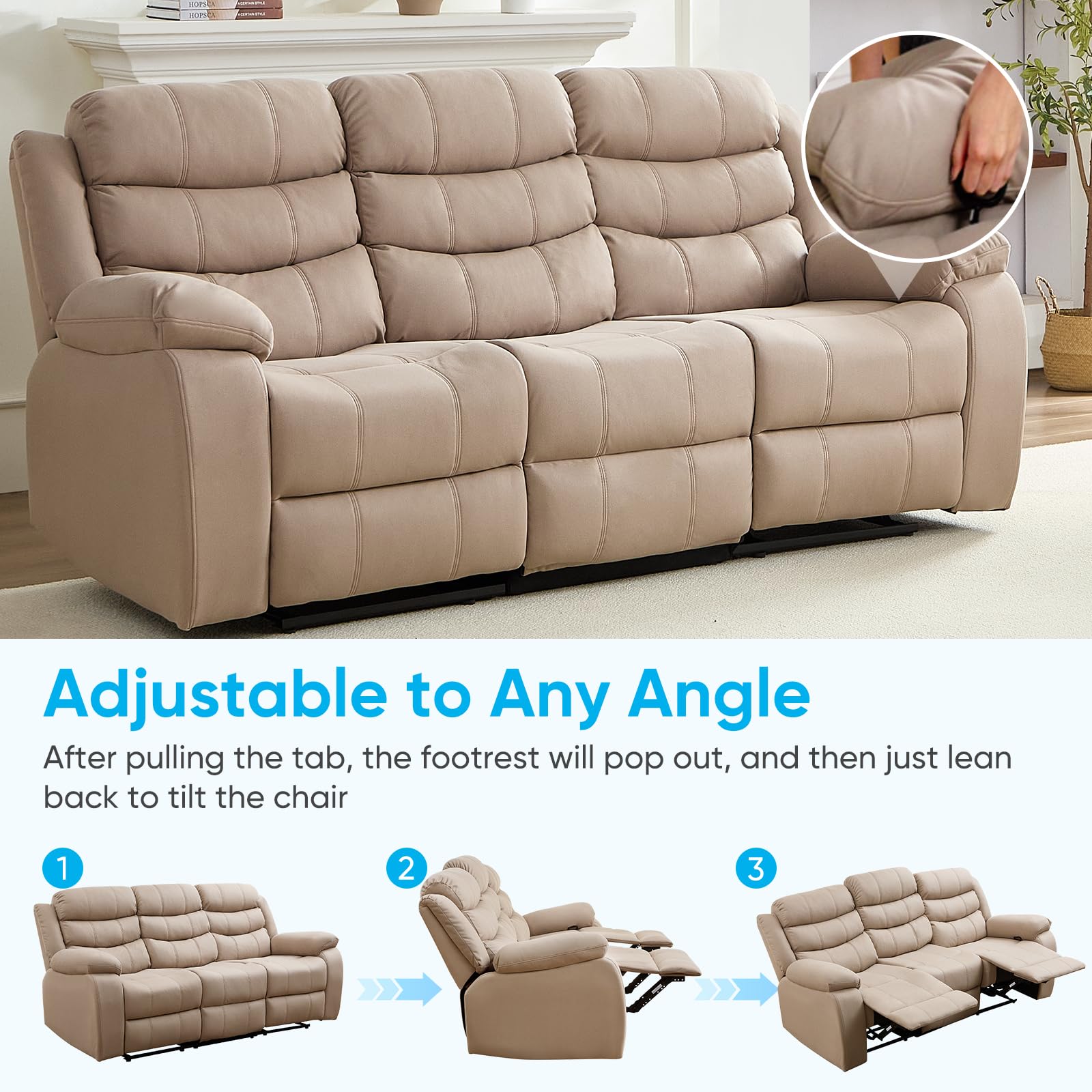 Mjkone 5-Piece Home Theater Seating Set - Manual Reclining Sofa with Cup Holders & Storage Console - 3-Seat Couch with Flip-Up Armrest + 2-Seat Loveseat - Beige Fabric Living Room Furniture for Movie Nights & Family Gatherings
