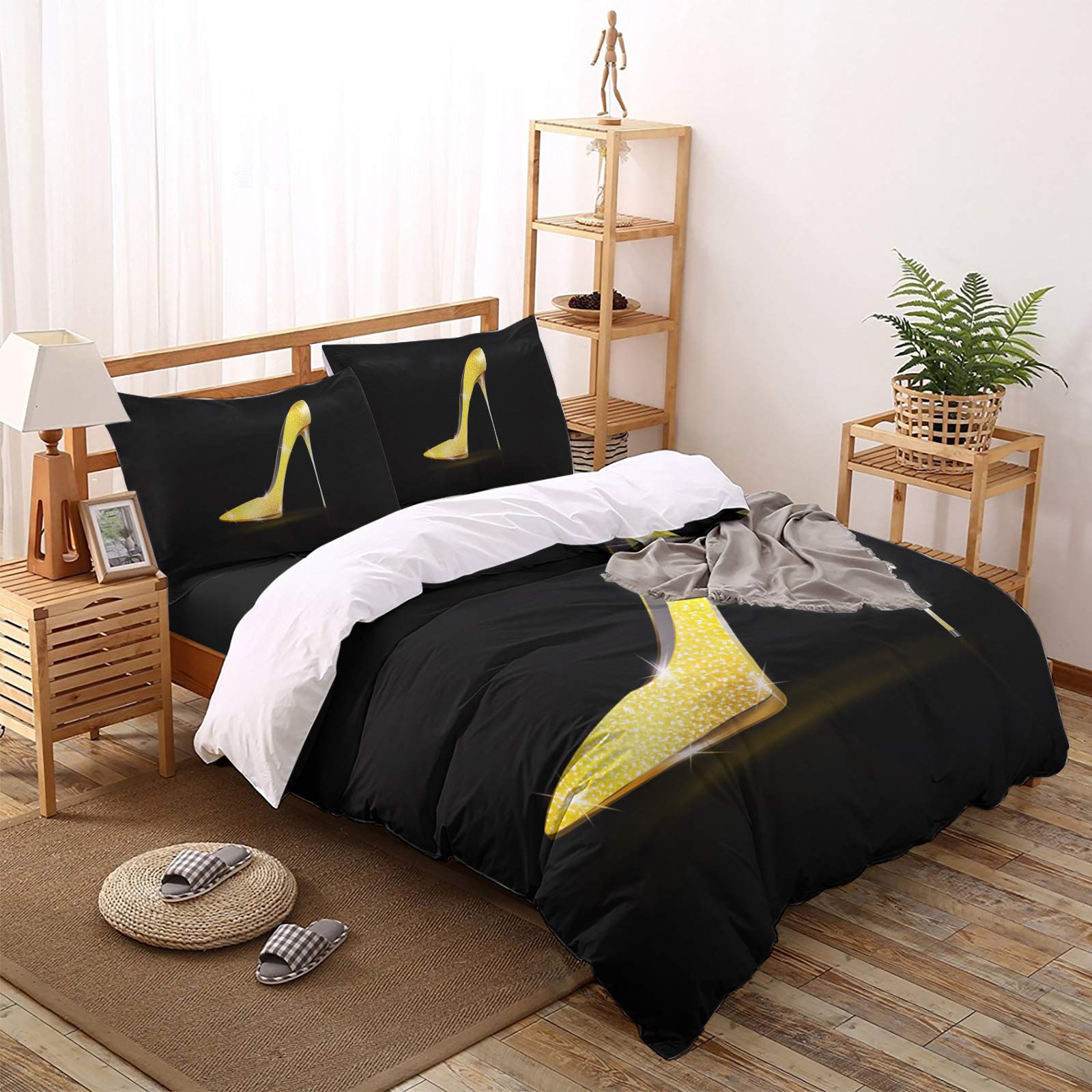 MUSEDAY 4-Piece Twin Size Bedding Set - Golden Glitter High Heels Duvet Cover, Ultra Soft Comforter Cover with Pillow Shams & Fitted Sheet - Luxury Bedroom Decor for Teens & Women (Perfect for Dorm Rooms, Guest Bedrooms & Glamorous Home Decor)