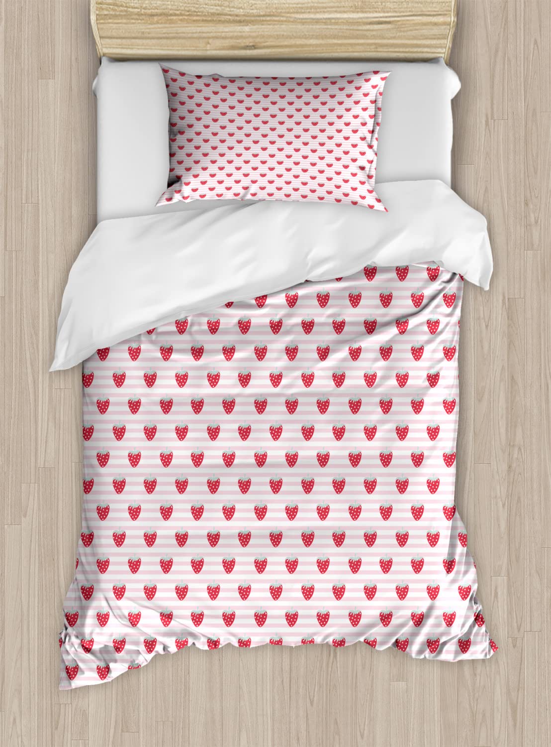 Ambesonne Strawberry Duvet Cover Set - King Size 2-Pack with 4 Pillowcases, Pink Seafoam Striped Fruit Pattern Bedding for Girls' Room | Perfect for Teen Bedrooms, Dorm Decor & Sweet Dreams