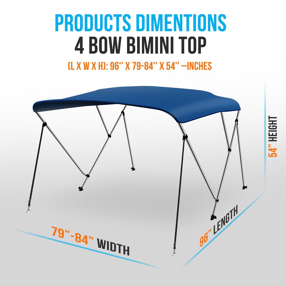 4 Bow Bimini Top for Boats - UV Resistant Waterproof Boat Canopy - Universal Fit for Pontoon, Fishing & Ski Boats - Perfect for Sun Protection & Outdoor Water Activities
