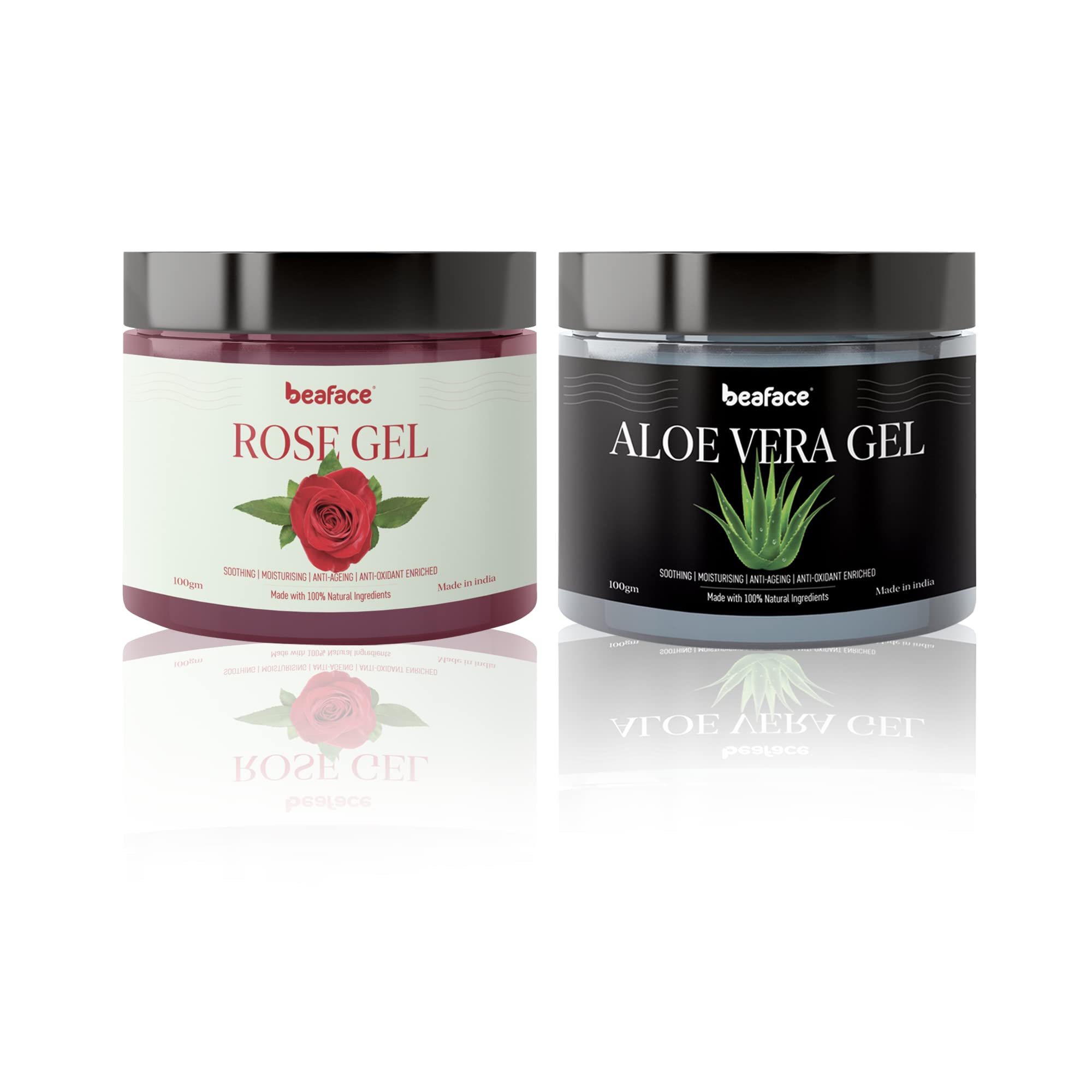 Beaface Rose & Aloe Vera Face Gel Combo Pack - 100gm Each (Pack of 2) for Hydrating & Soothing Skin Care - Perfect for Daily Moisturizing, Sunburn Relief & Acne Treatment