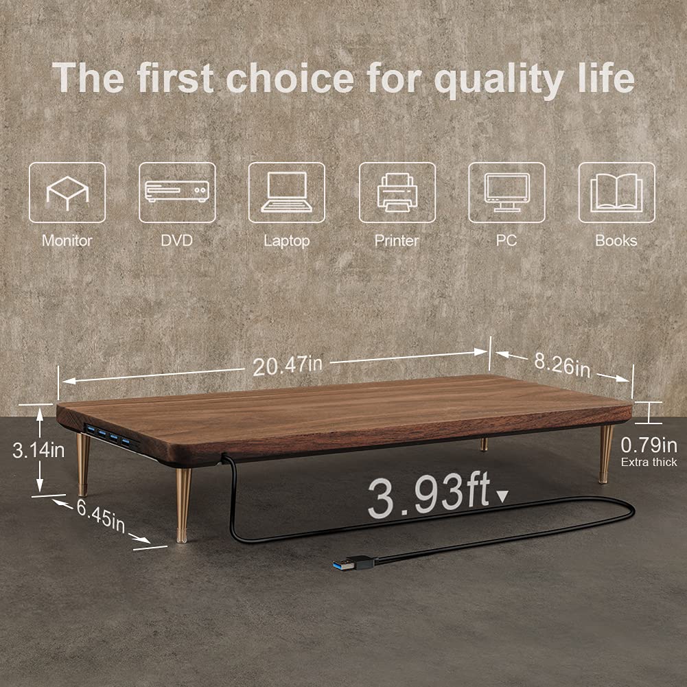 Walnut Wood Monitor Stand with 4 USB Ports - Ergonomic Riser for iMac, Laptop & Computer Screens to Reduce Eye Strain & Improve Posture | Perfect for Home Office & Workspace Setup